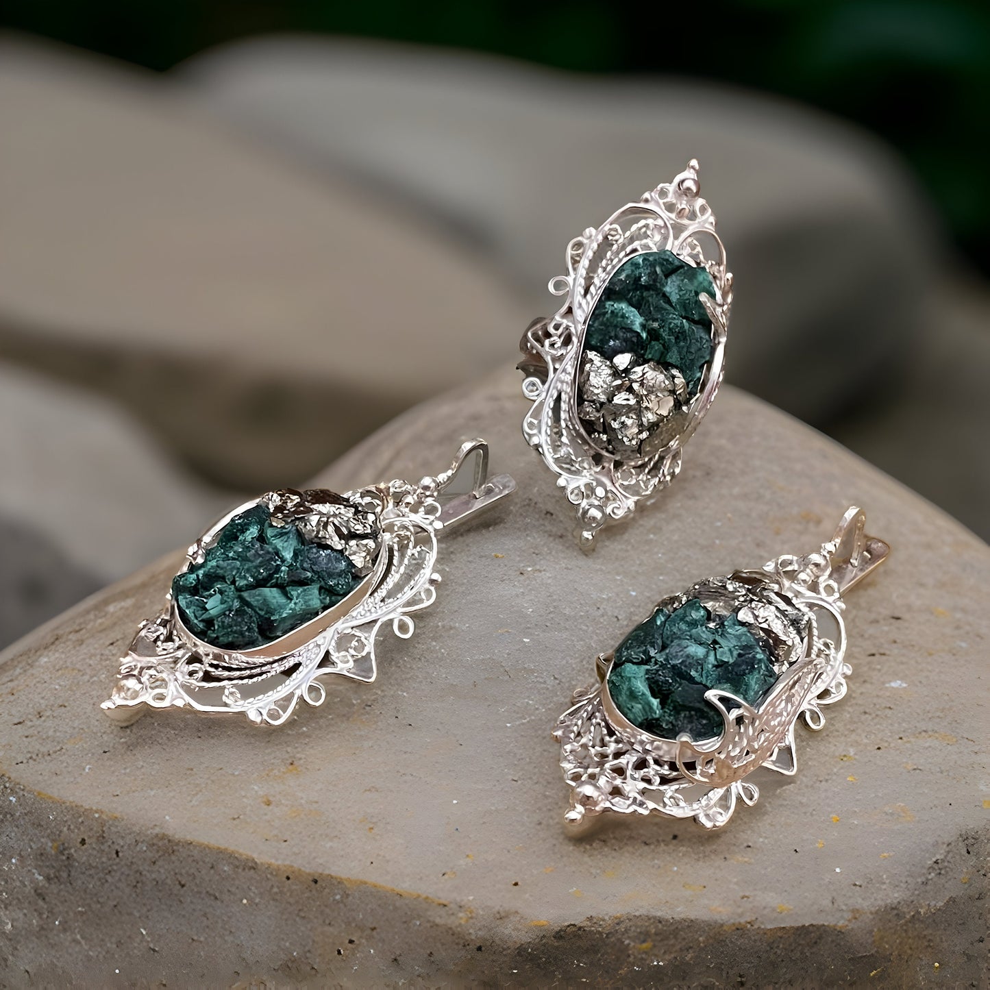 Sterling Silver Filigree Malachite Ring and Earrings Set - Gorgeous Green Gemstone Jewelry for a Glamorous Look
