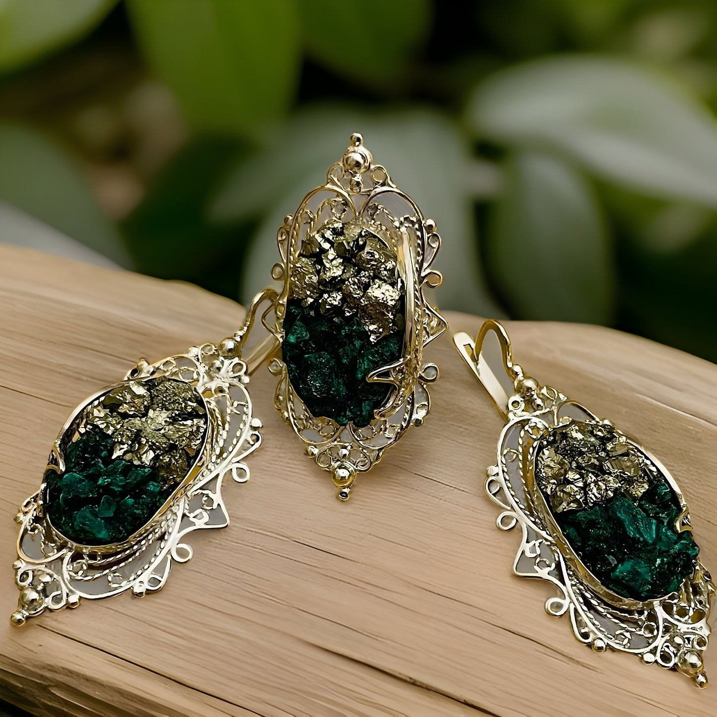 Sterling Silver Filigree Malachite Ring and Earrings Set - Gorgeous Green Gemstone Jewelry for a Glamorous Look