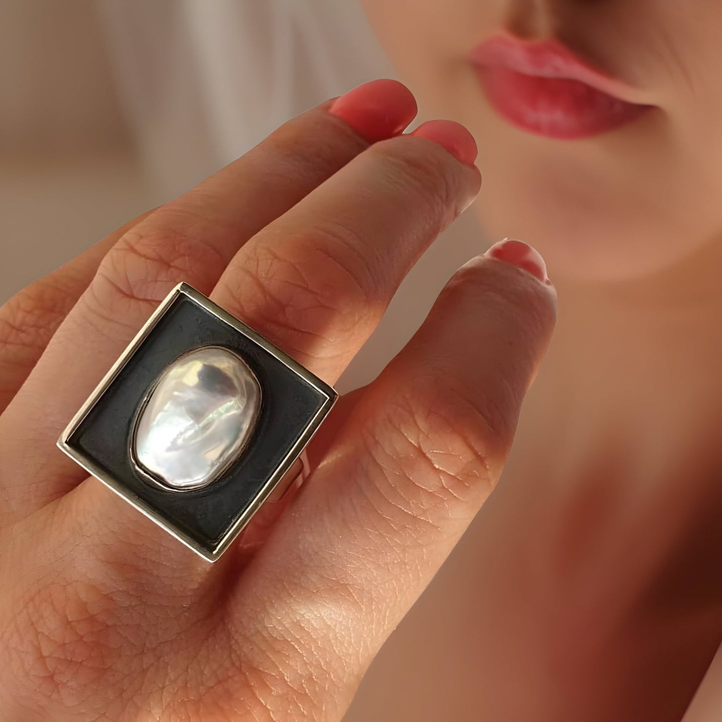 Minimalist Square Earring and Pearl Ring Set - Modern Contemporary Statement Jewelry
