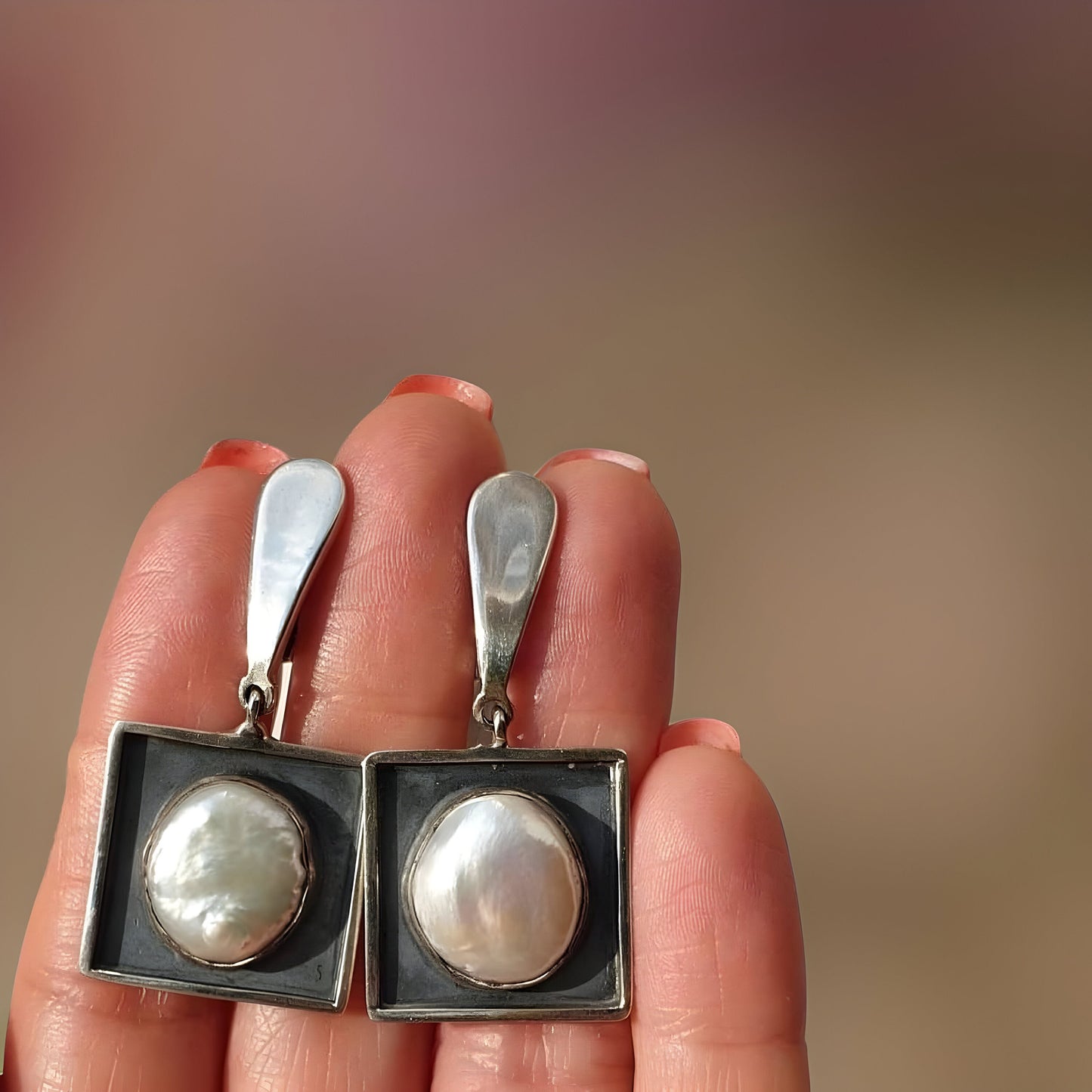 Minimalist Square Earring and Pearl Ring Set - Modern Contemporary Statement Jewelry