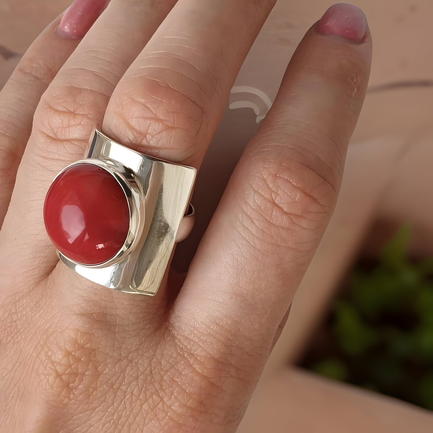 Coral Natural Stone Square Earring and Ring Set - Minimalist Contemporary Jewelry