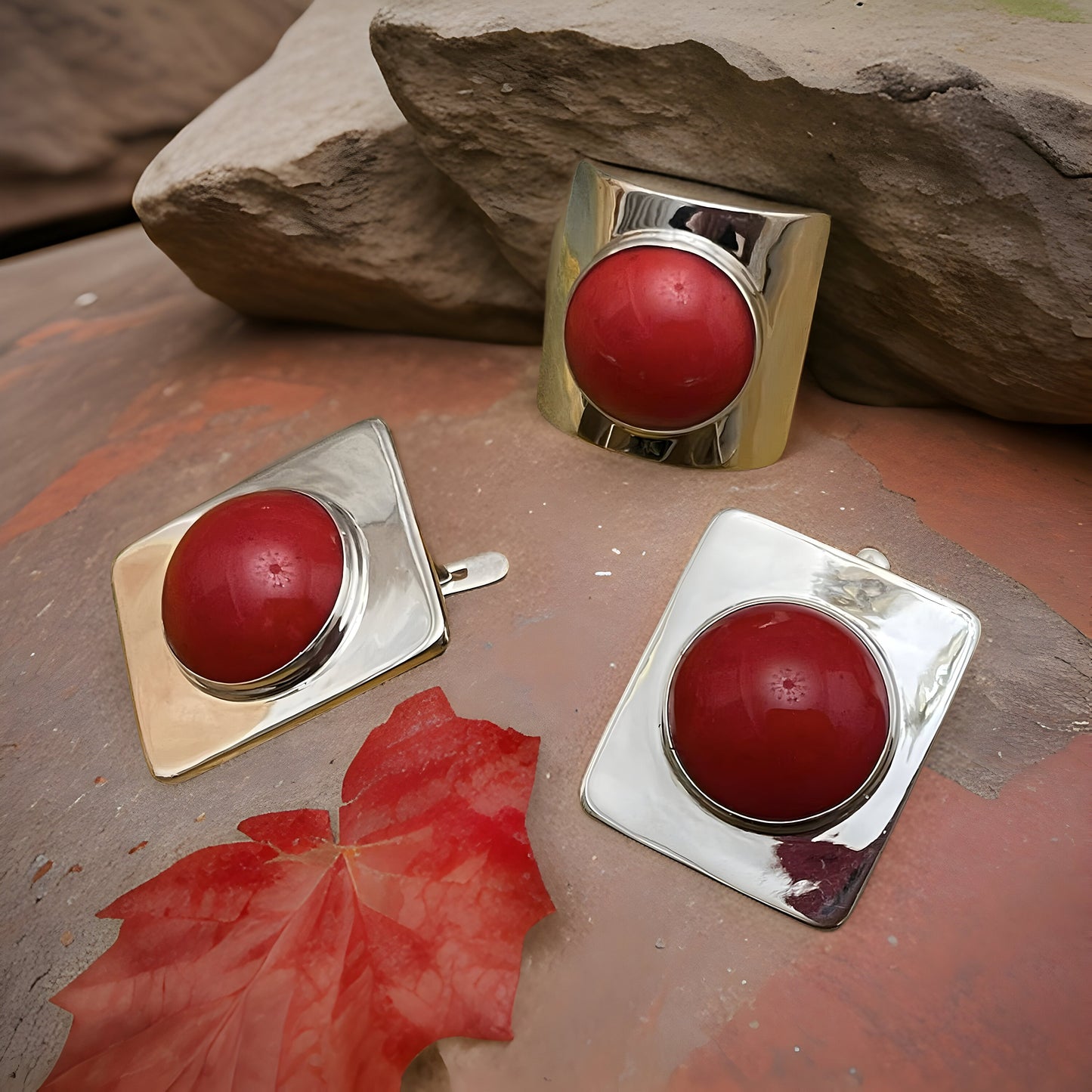Coral Natural Stone Square Earring and Ring Set - Minimalist Contemporary Jewelry