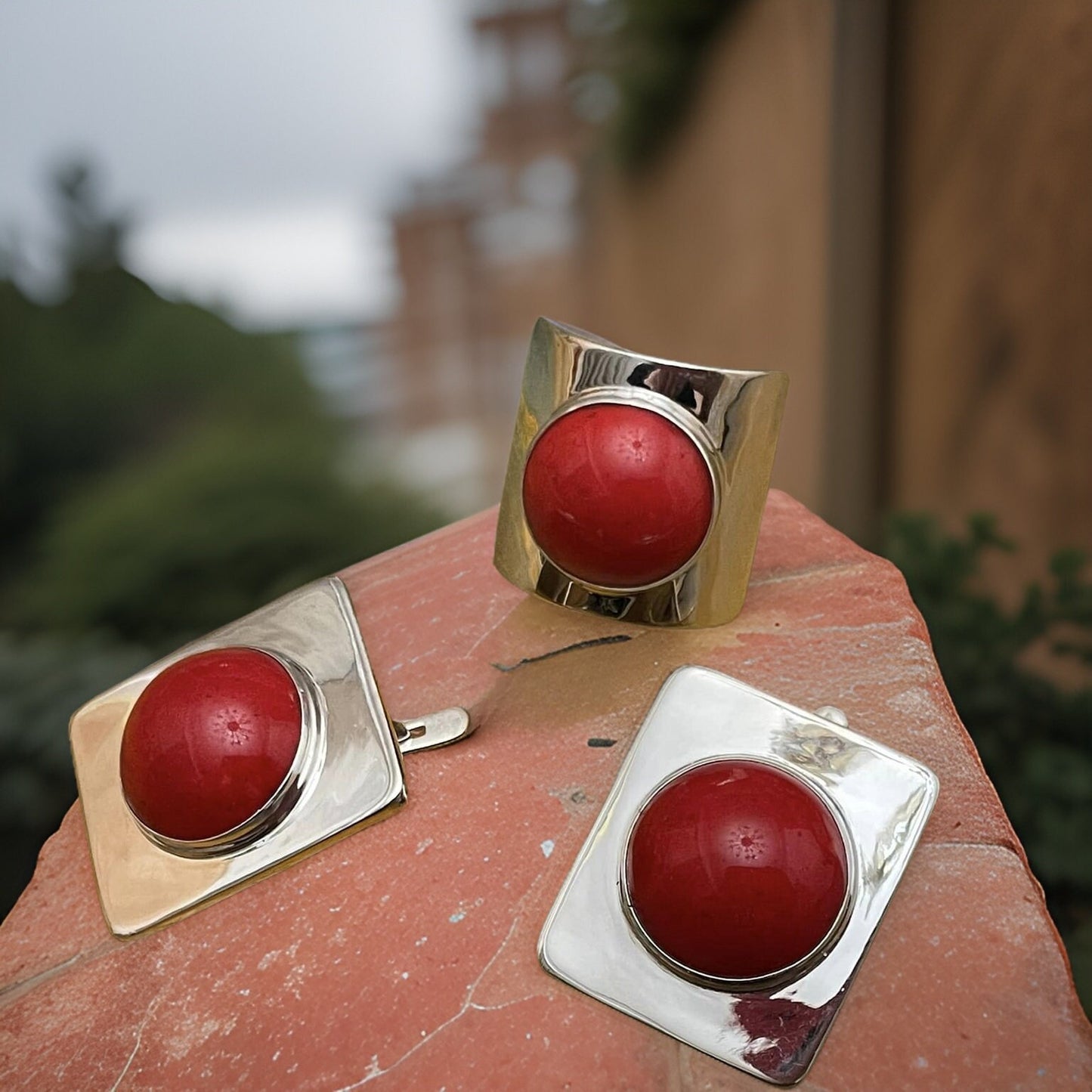 Coral Natural Stone Square Earring and Ring Set - Minimalist Contemporary Jewelry