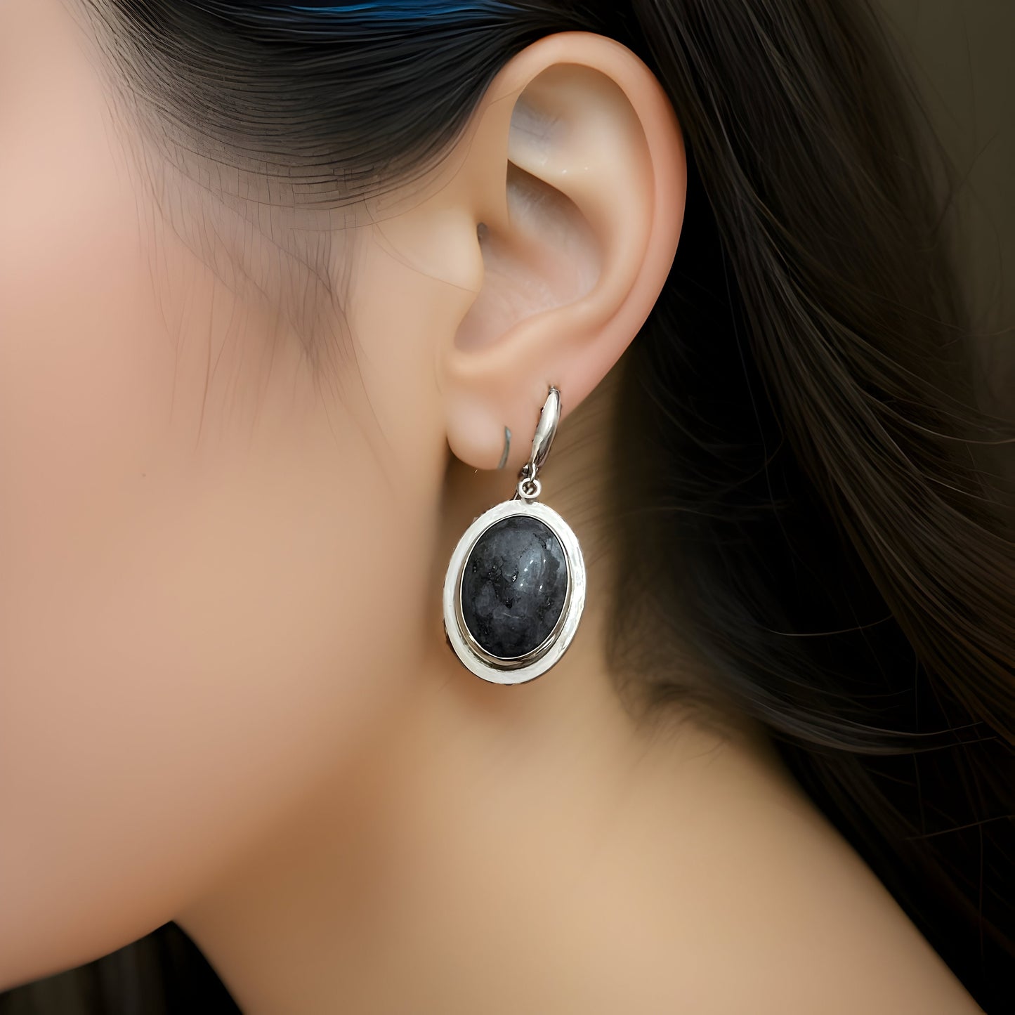 Black Agate Sterling Silver Oval Ring Earring Set - Classic Large Size