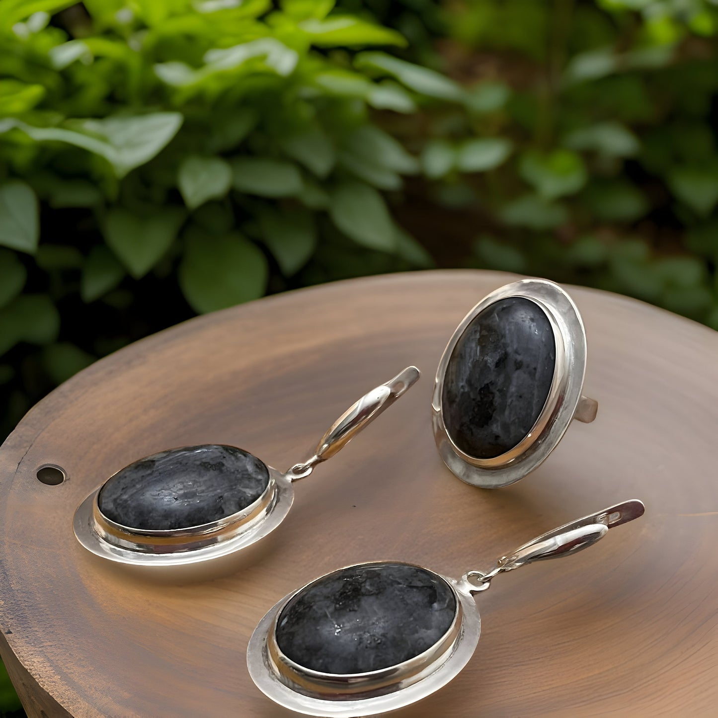 Black Agate Sterling Silver Oval Ring Earring Set - Classic Large Size