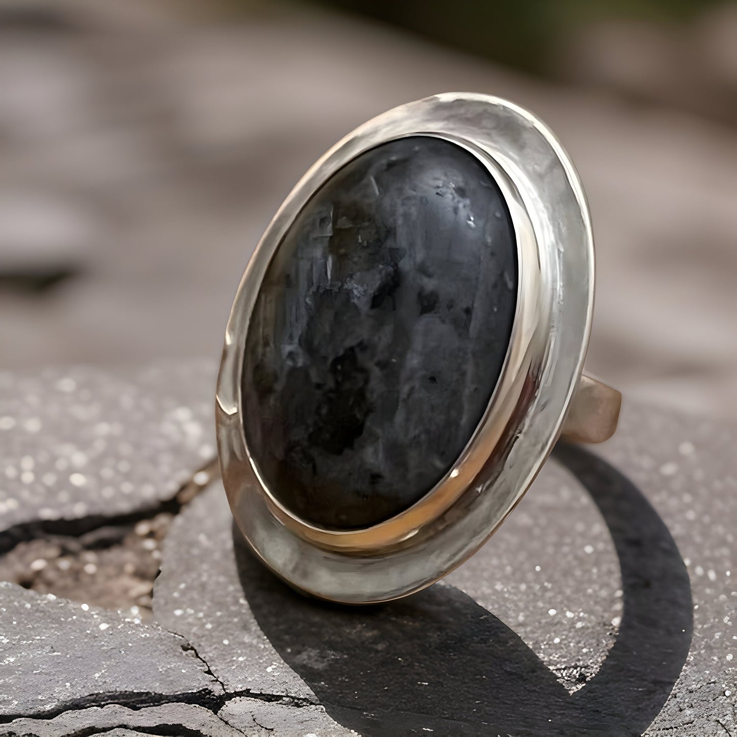 Black Agate Sterling Silver Oval Ring Earring Set - Classic Large Size