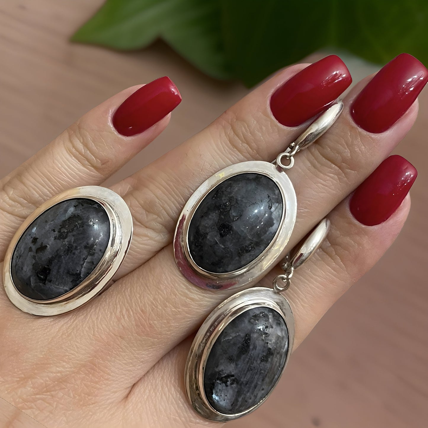 Black Agate Sterling Silver Oval Ring Earring Set - Classic Large Size