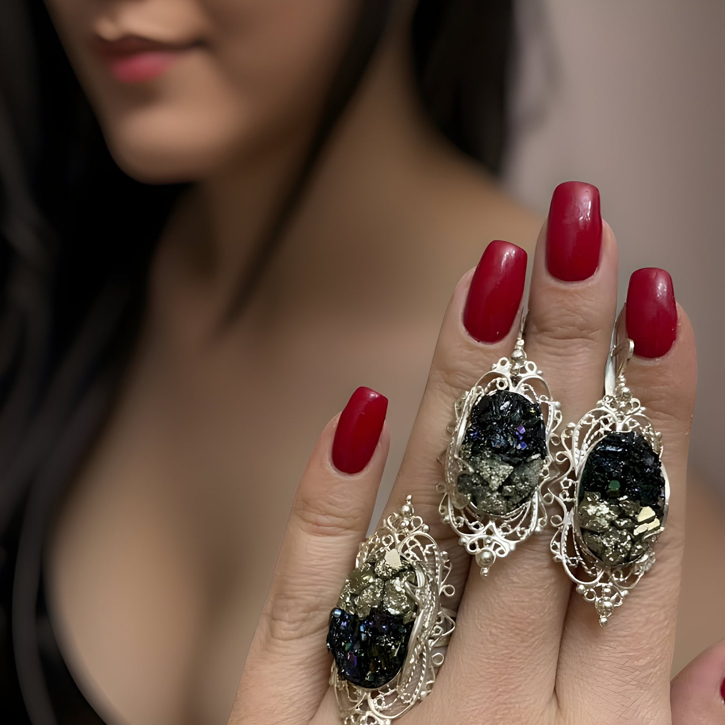 Black Onyx Fantasy Sterling Silver Set - Victorian Earrings Drop Earrings Cocktail Ring Large Pendant
