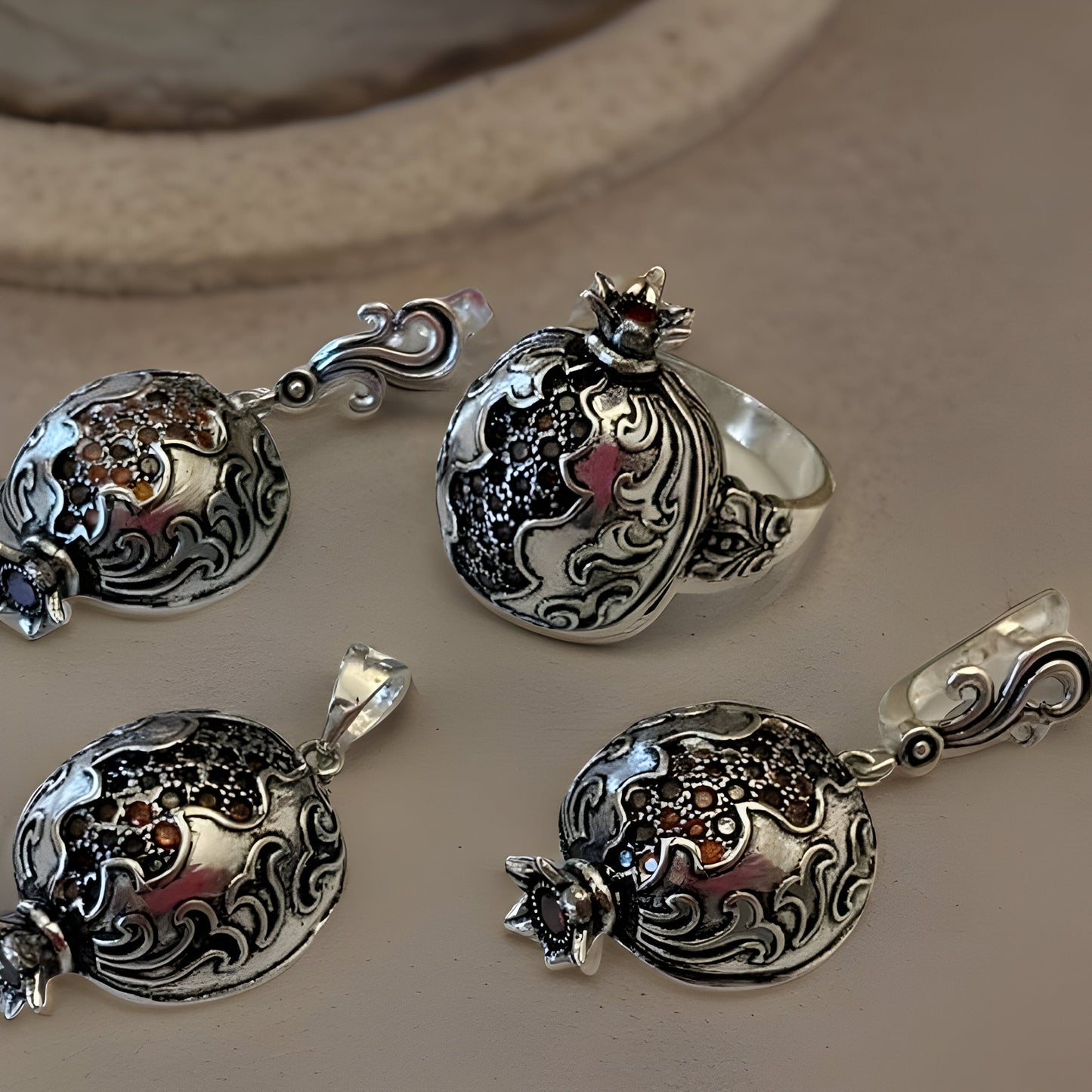 Bohemian Armenian Silver Pomegranate Pendant with Marcasite - Biblical Set for Women - Persephone Charm
