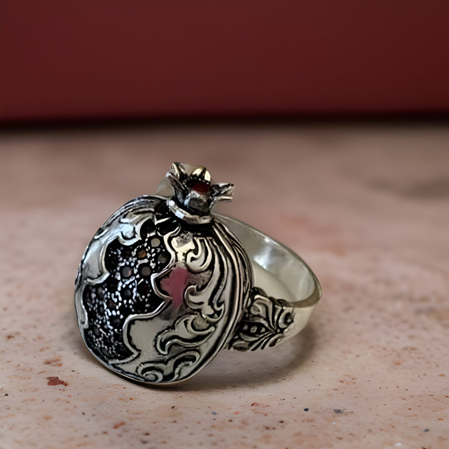 Bohemian Armenian Silver Pomegranate Pendant with Marcasite - Biblical Set for Women - Persephone Charm