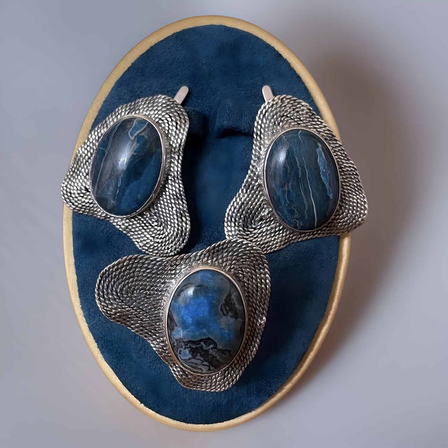 Navy Blue Agate Abstract Sterling Silver Ring Set - Contemporary Earrings and Ring Set - Wedding Guest and Cocktail Party Jewelry