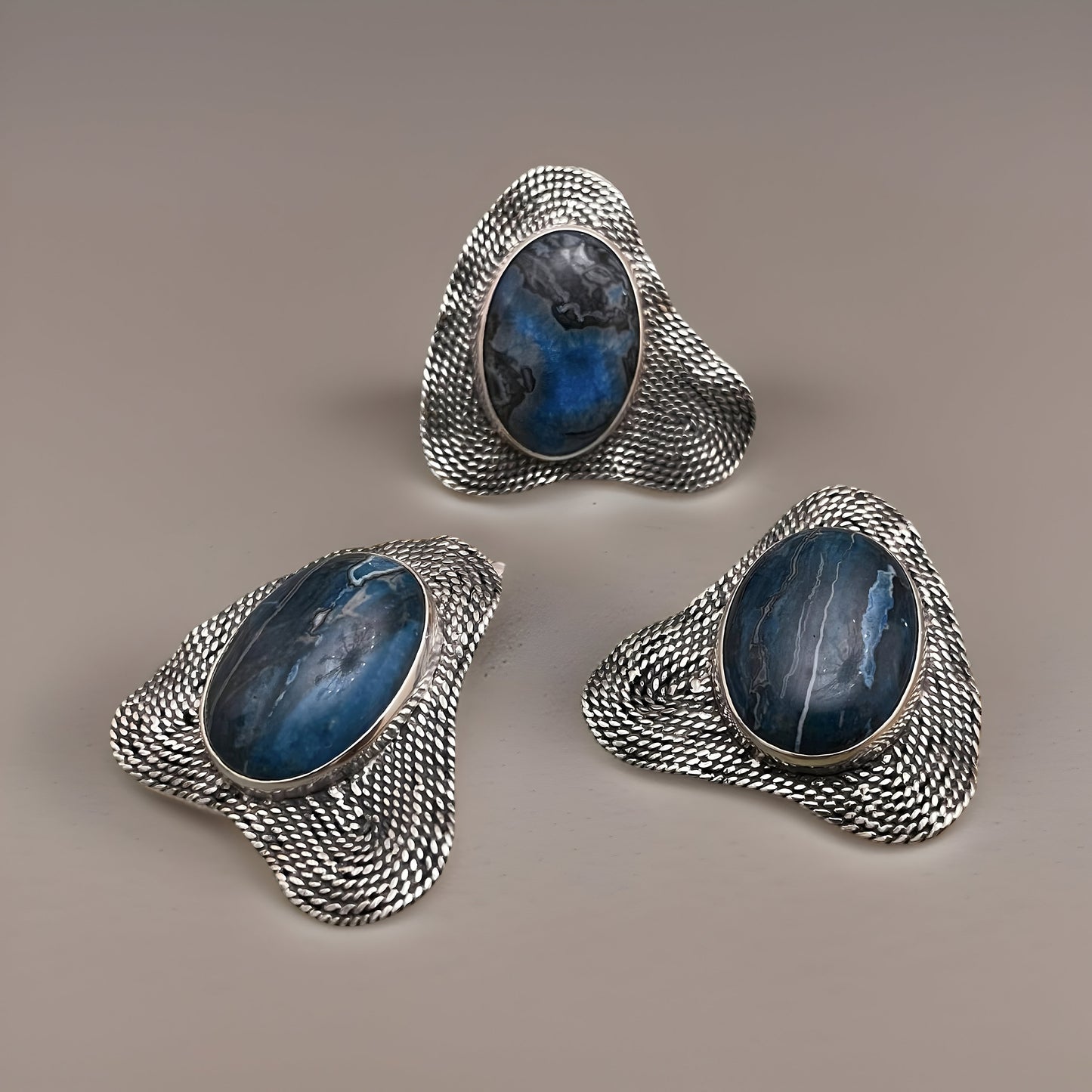 Navy Blue Agate Abstract Sterling Silver Ring Set - Contemporary Earrings and Ring Set - Wedding Guest and Cocktail Party Jewelry