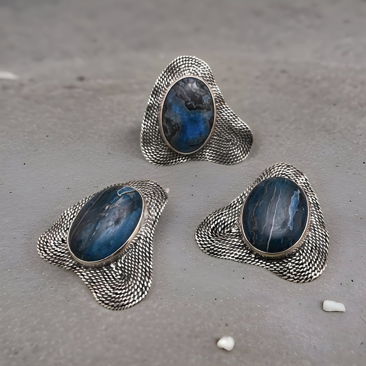 Navy Blue Agate Abstract Sterling Silver Ring Set - Contemporary Earrings and Ring Set - Wedding Guest and Cocktail Party Jewelry