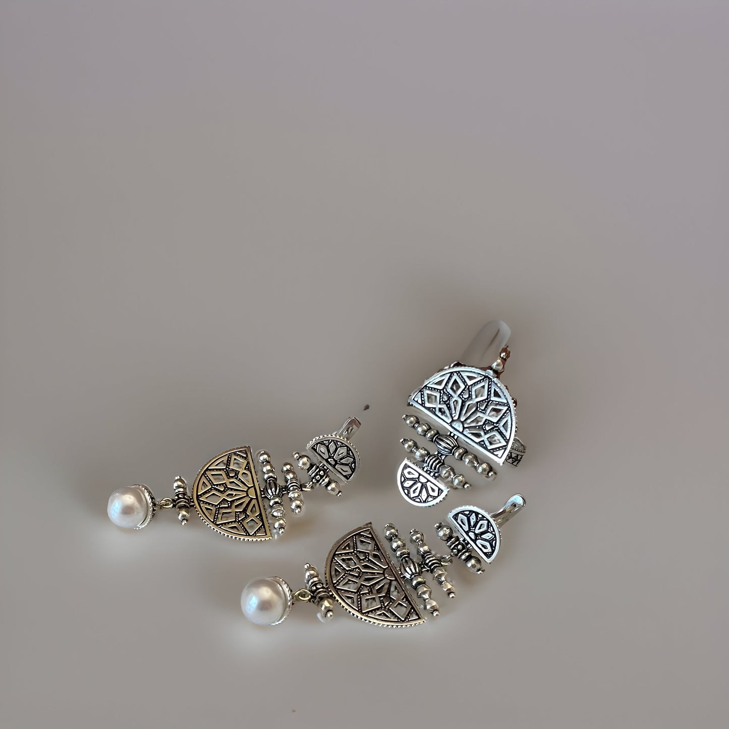 Armenian Canetille Style Dangle Earrings - Ornate Ethnic Chandelier Design with Pearls and Armenian Motifs