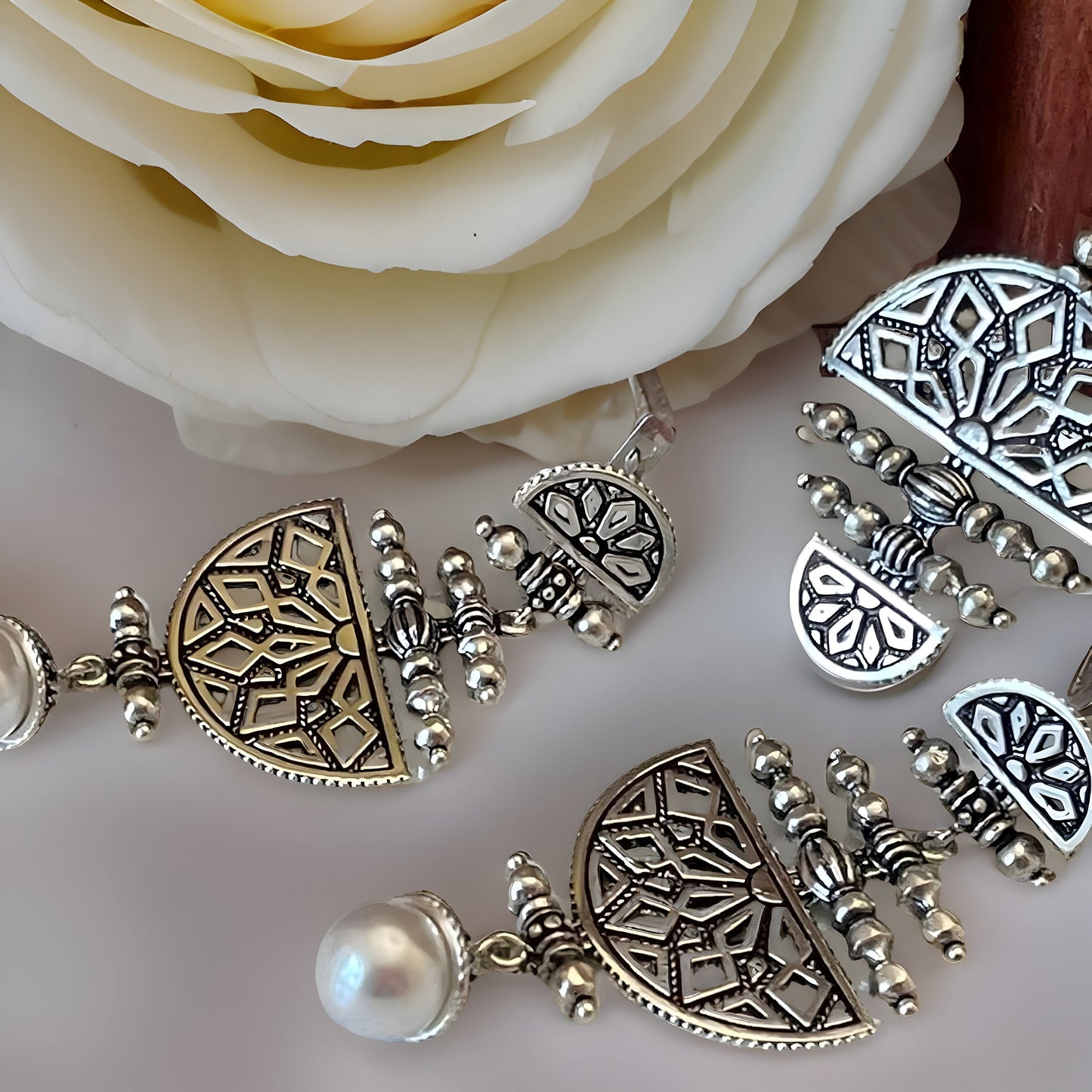 Armenian Canetille Style Dangle Earrings - Ornate Ethnic Chandelier Design with Pearls and Armenian Motifs