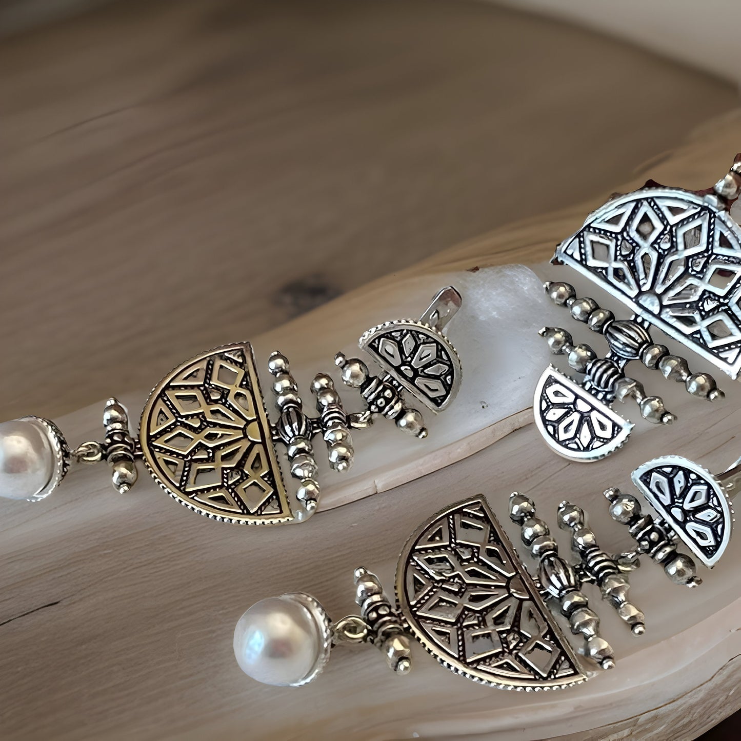 Armenian Canetille Style Dangle Earrings - Ornate Ethnic Chandelier Design with Pearls and Armenian Motifs