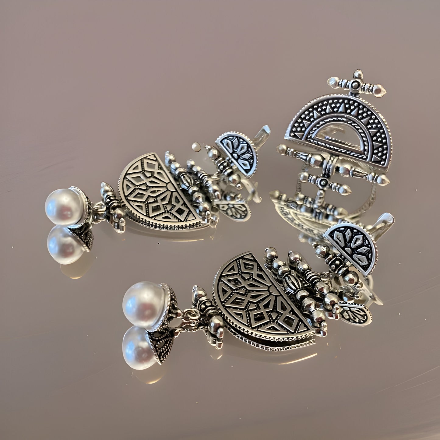 Armenian Canetille Style Dangle Earrings - Ornate Ethnic Chandelier Design with Pearls and Armenian Motifs