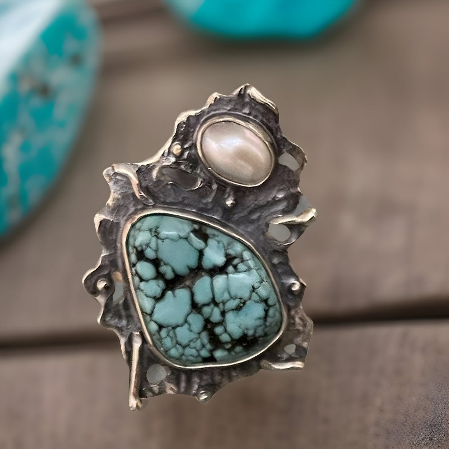 Turquoise and Pearl Sterling Silver Earrings and Ring Set - Modern Fantasy Statement Jewelry