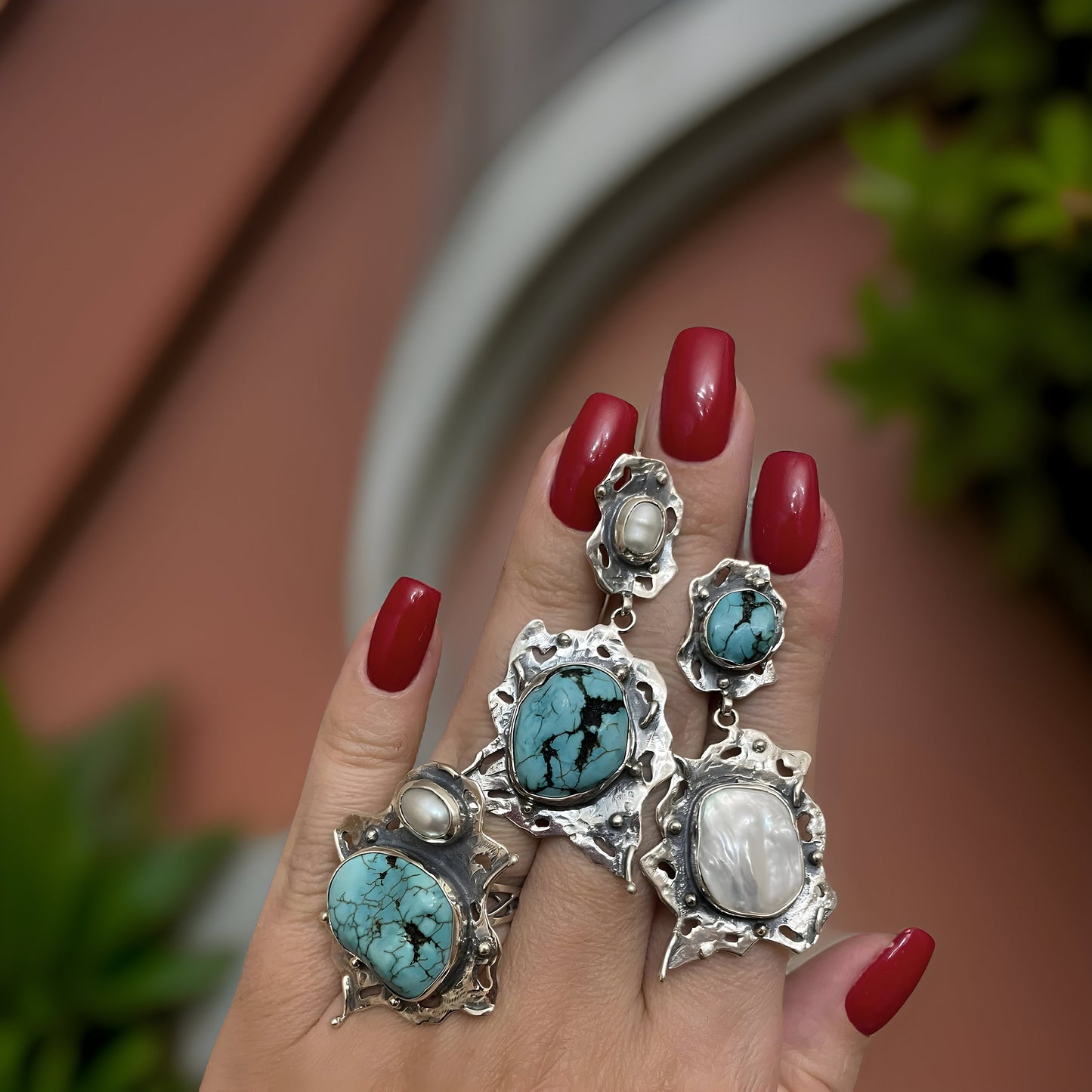 Turquoise and Pearl Sterling Silver Earrings and Ring Set - Modern Fantasy Statement Jewelry