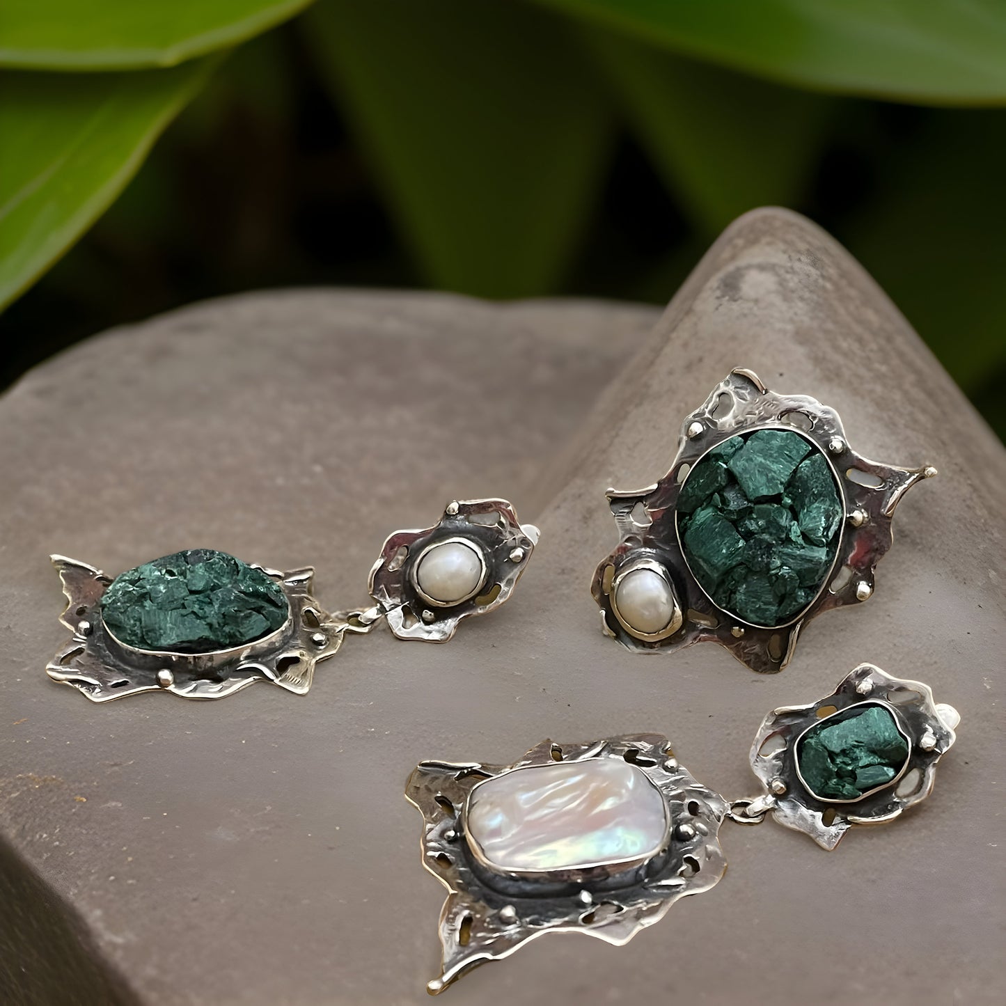 Turquoise and Pearl Sterling Silver Earrings and Ring Set - Modern Fantasy Statement Jewelry
