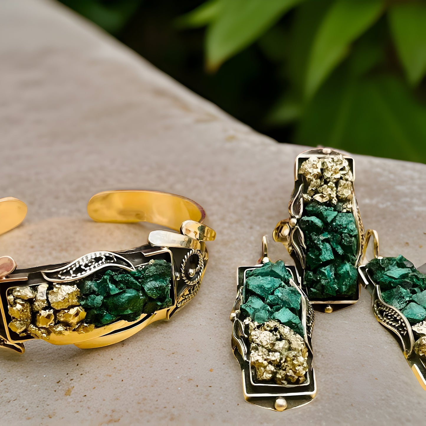 Stunning Malachite Sterling Silver Jewelry Set - Raw Green Stone Necklace Earrings Rings and Bracelet - Handcrafted Gemstone Accessories