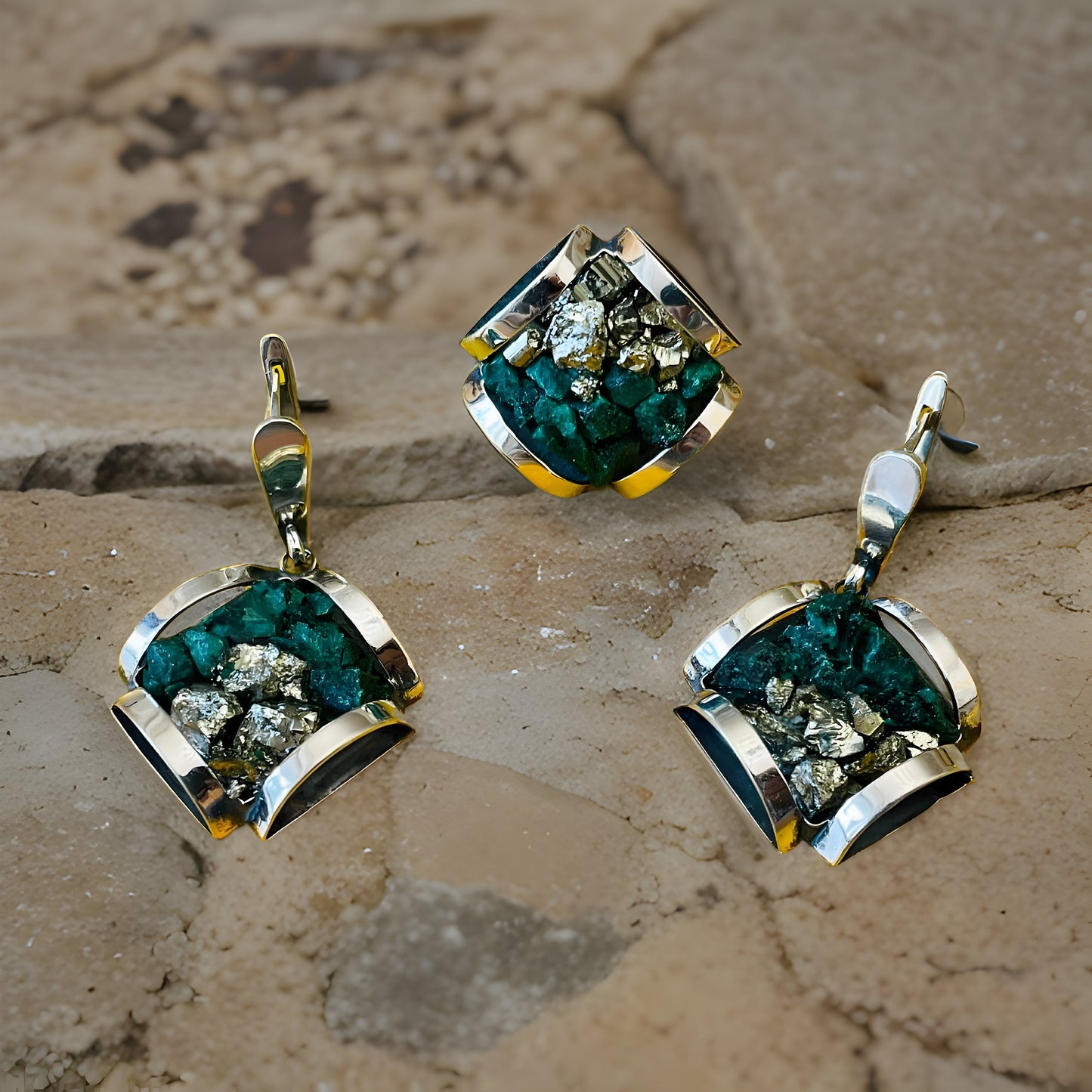 Stunning Green Malachite Sterling Silver Jewelry Set - Bracelet Earrings and Ring - Natural Gemstone Collection