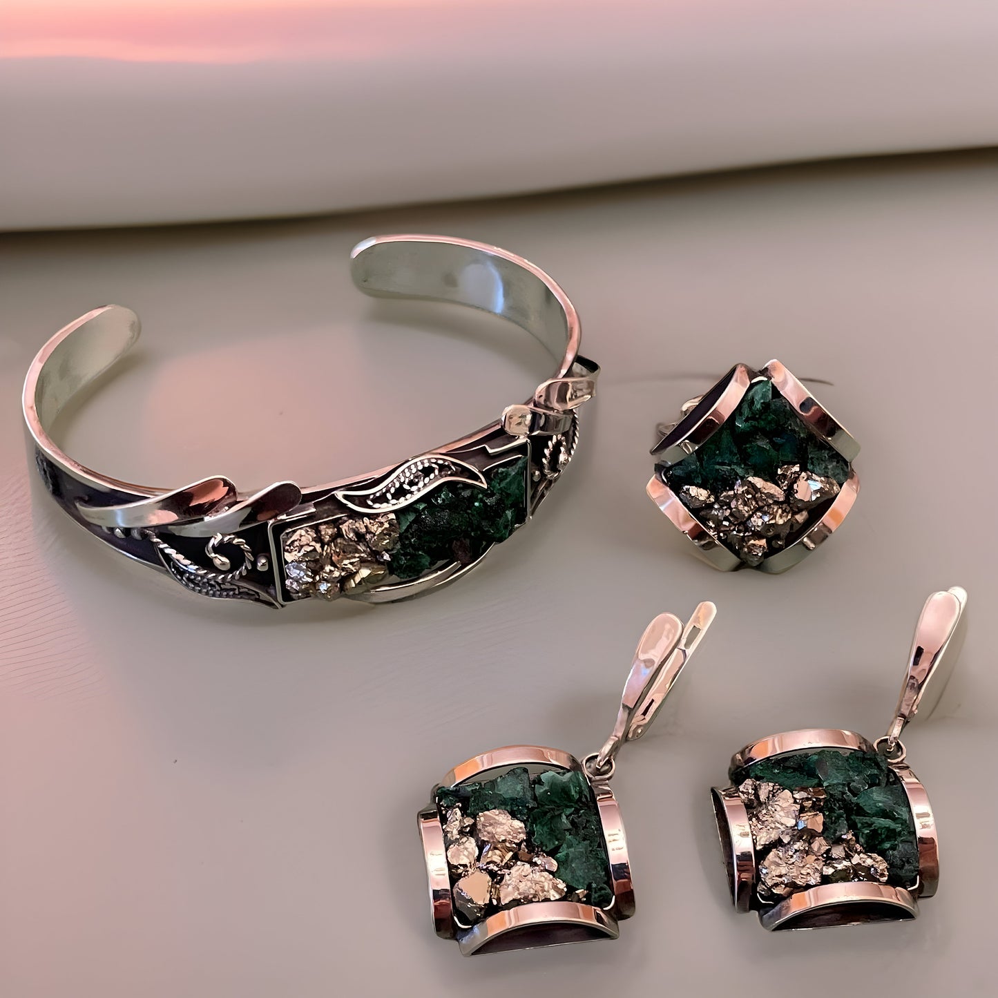 Stunning Green Malachite Sterling Silver Jewelry Set - Bracelet Earrings and Ring - Natural Gemstone Collection