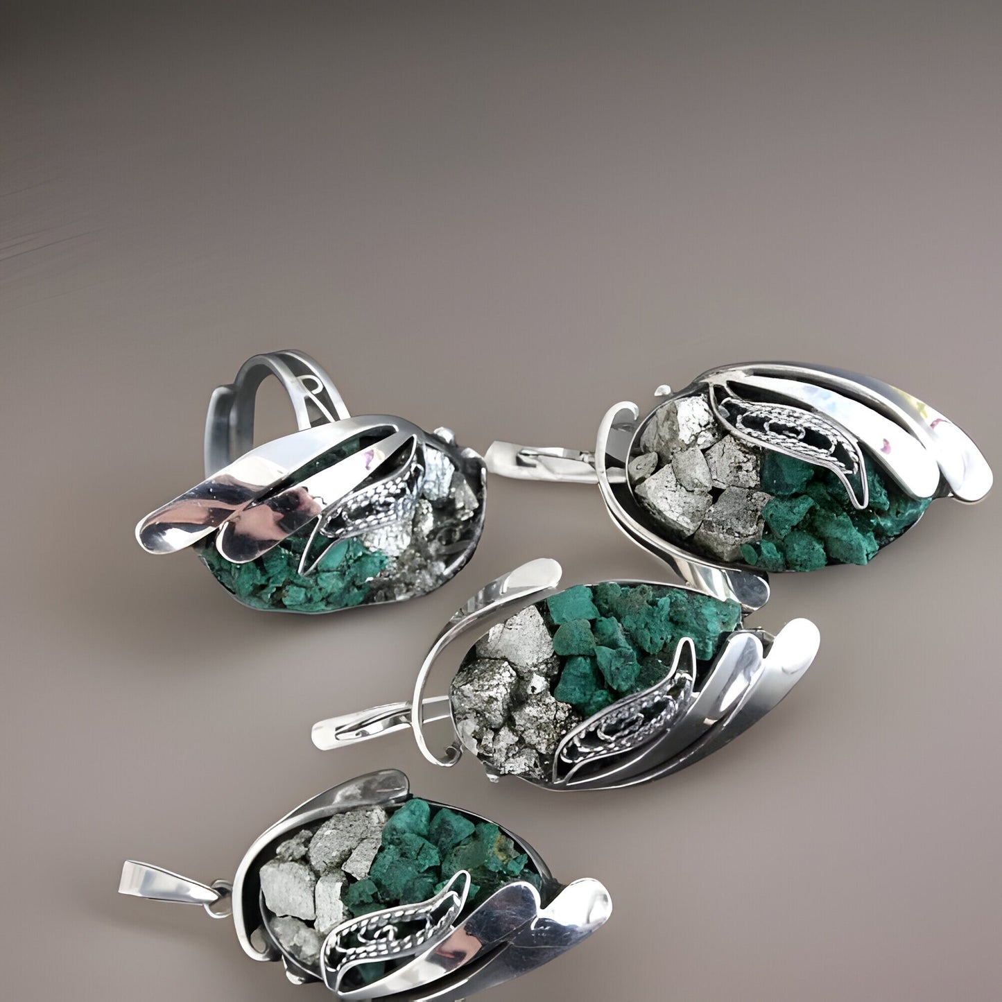 Raw Malachite Green Sterling Silver Teardrop Set - Natural Gemstone Earrings Rings and Bracelet - Happiness and Success Stone Jewelry