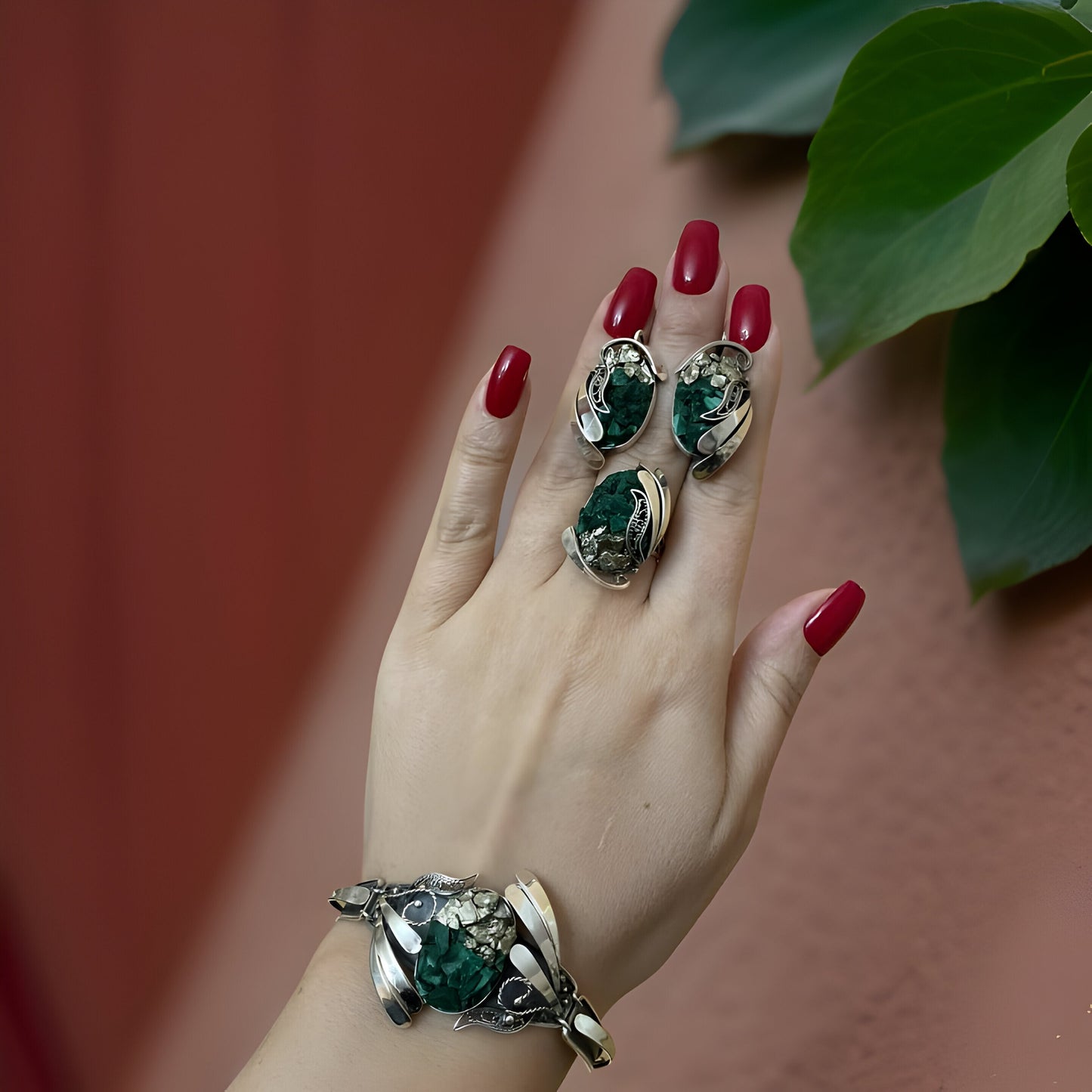 Raw Malachite Green Sterling Silver Teardrop Set - Natural Gemstone Earrings Rings and Bracelet - Happiness and Success Stone Jewelry