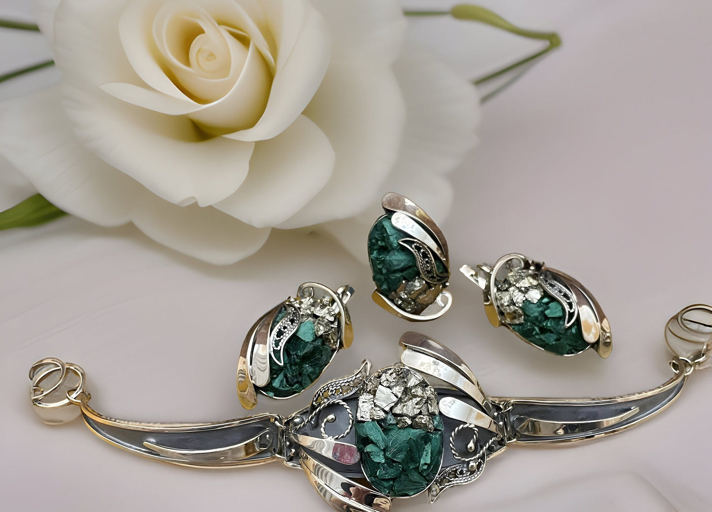 Raw Malachite Green Sterling Silver Teardrop Set - Natural Gemstone Earrings Rings and Bracelet - Happiness and Success Stone Jewelry