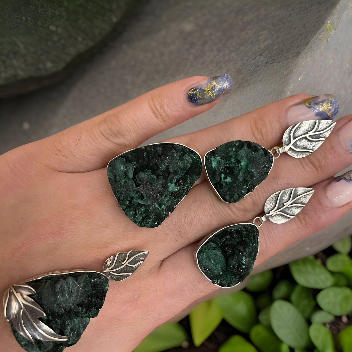 Raw Malachite Sterling Silver Set - Leaf Earrings Pendant and Ring - Natural Green Gemstone Jewelry