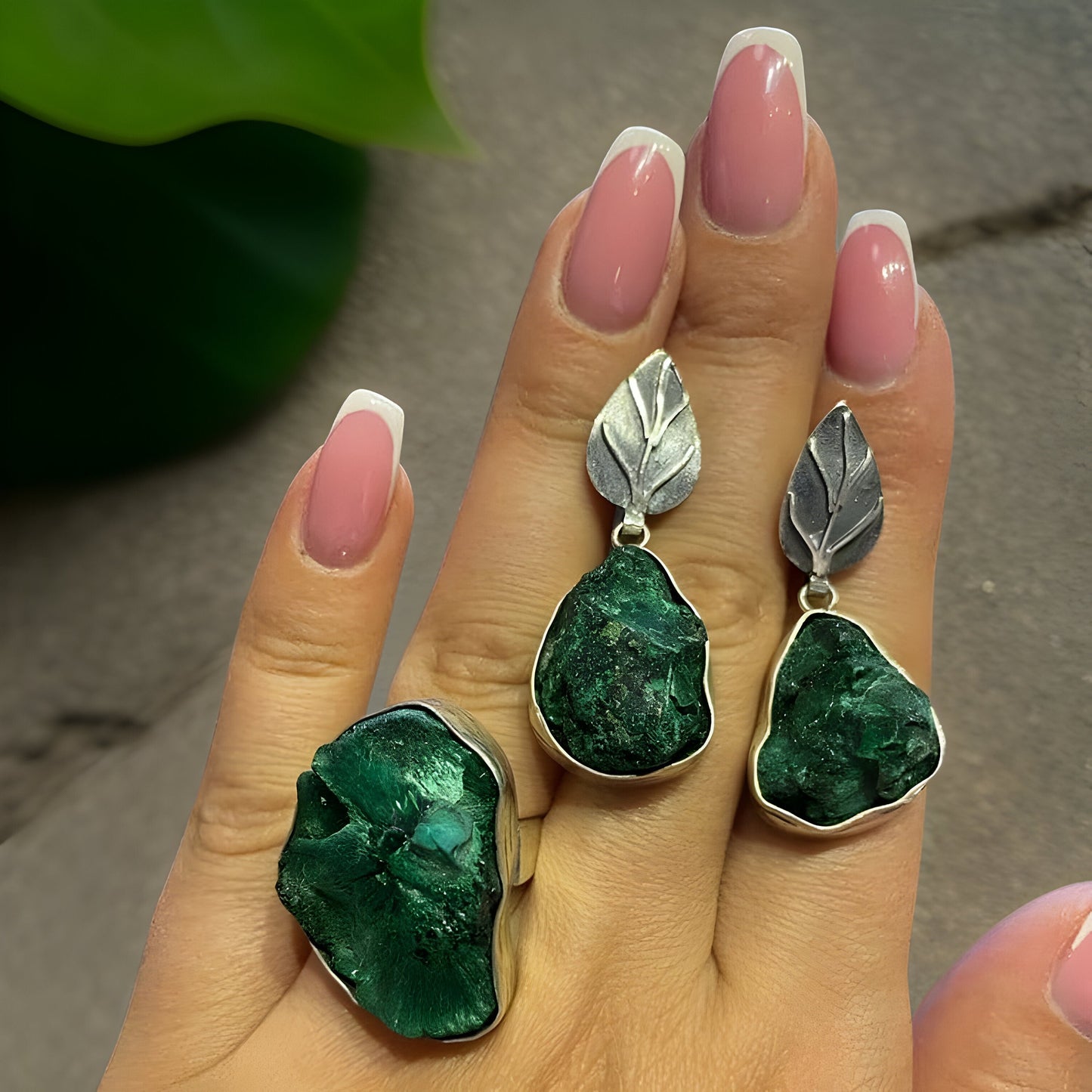 Raw Malachite Sterling Silver Set - Leaf Earrings Pendant and Ring - Natural Green Gemstone Jewelry