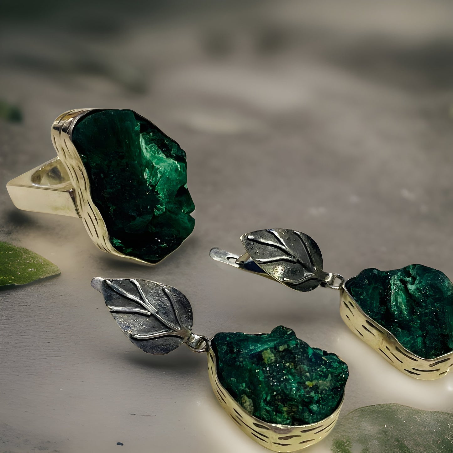 Raw Malachite Sterling Silver Set - Leaf Earrings Pendant and Ring - Natural Green Gemstone Jewelry