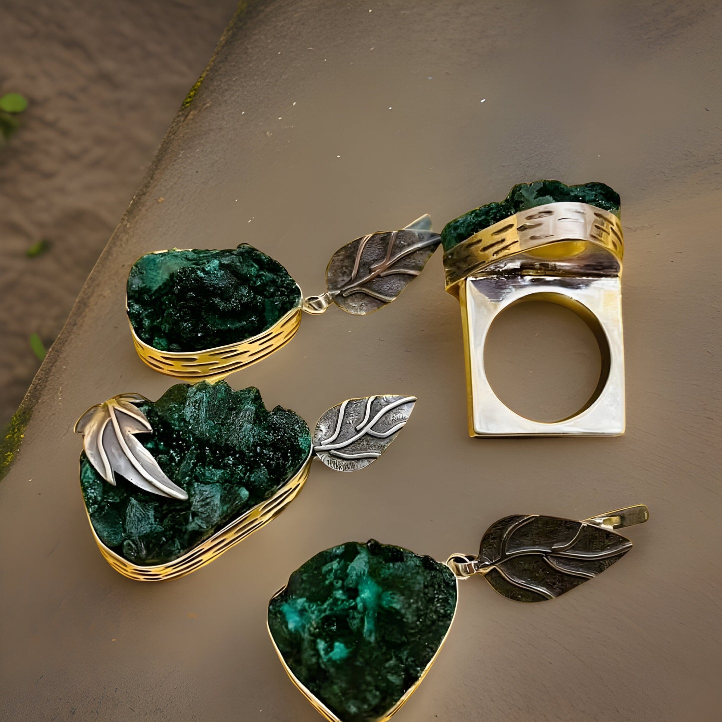 Raw Malachite Sterling Silver Set - Leaf Earrings Pendant and Ring - Natural Green Gemstone Jewelry