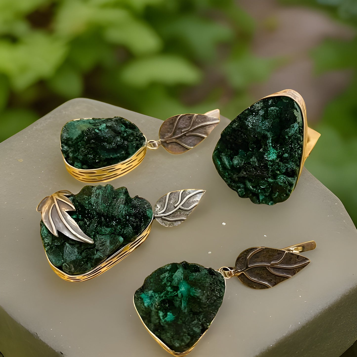 Raw Malachite Sterling Silver Set - Leaf Earrings Pendant and Ring - Natural Green Gemstone Jewelry