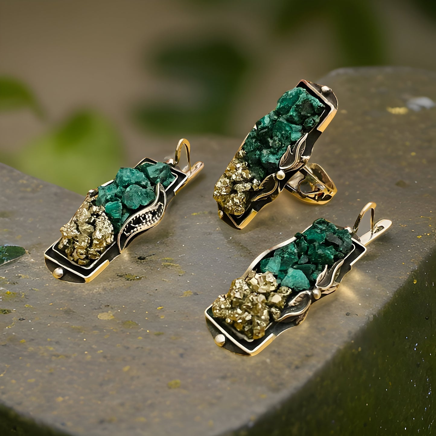 Stunning Malachite Sterling Silver Jewelry Set - Raw Green Stone Necklace Earrings Rings and Bracelet - Handcrafted Gemstone Accessories