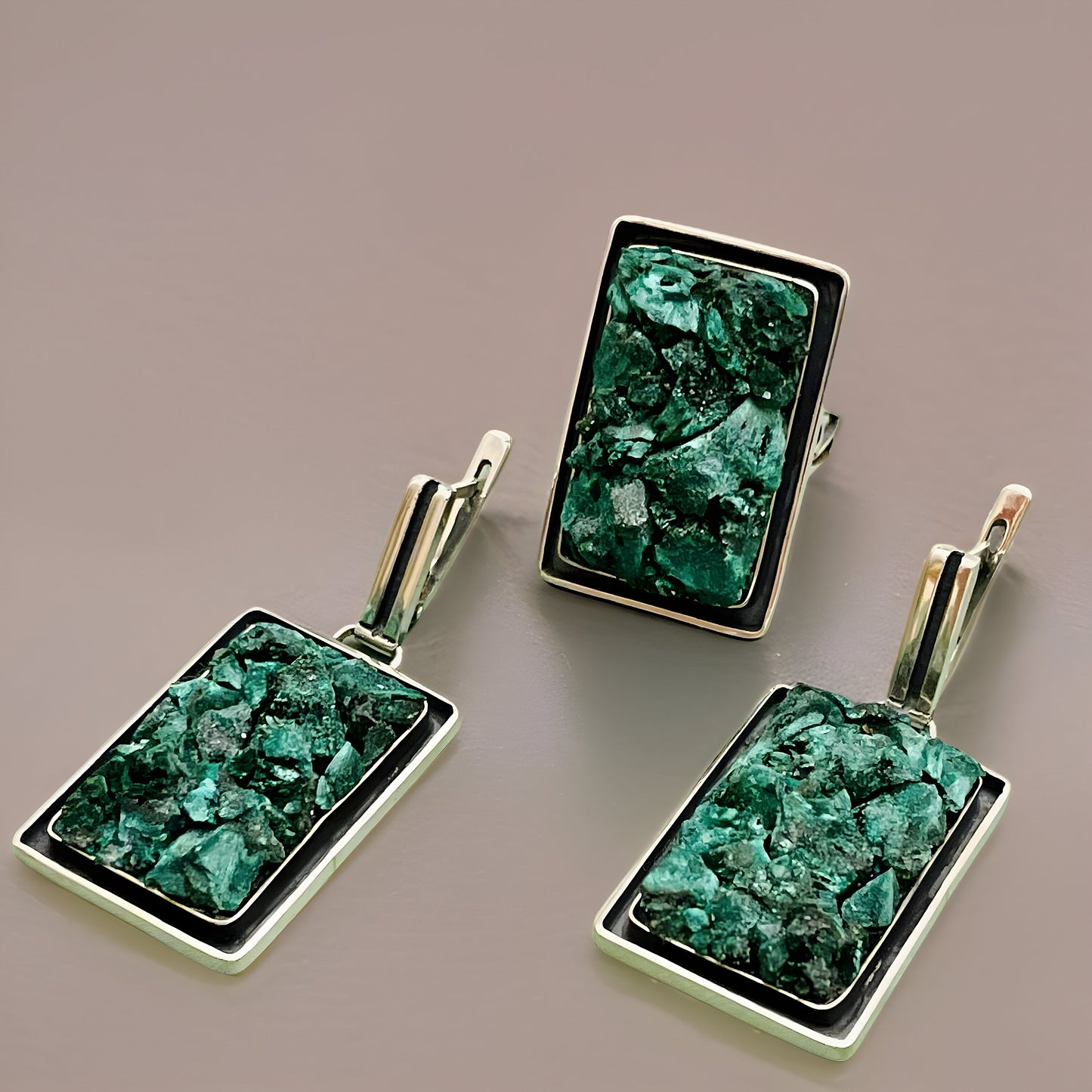 Contemporary Green Malachite Earrings and Ring Set - Sterling Silver Dangles - Natural Stone Jewelry