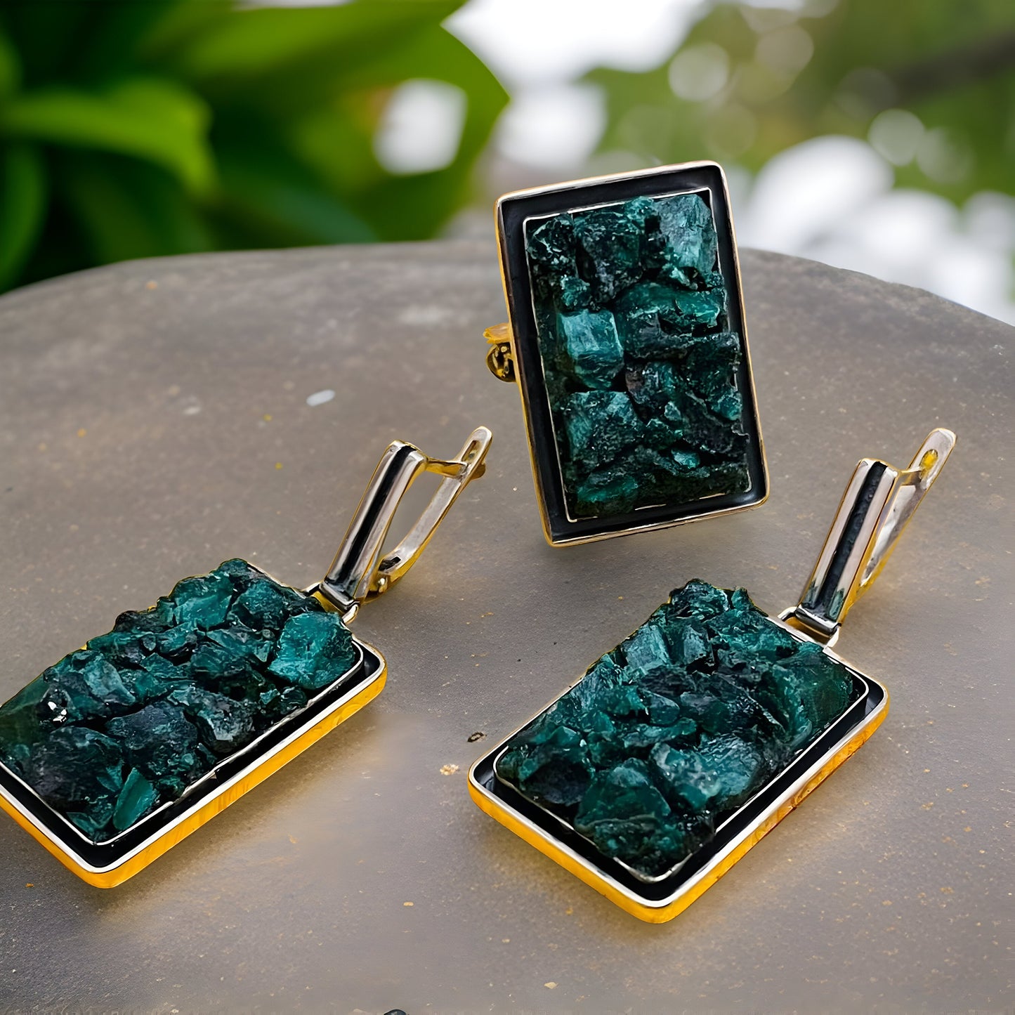 Contemporary Green Malachite Earrings and Ring Set - Sterling Silver Dangles - Natural Stone Jewelry