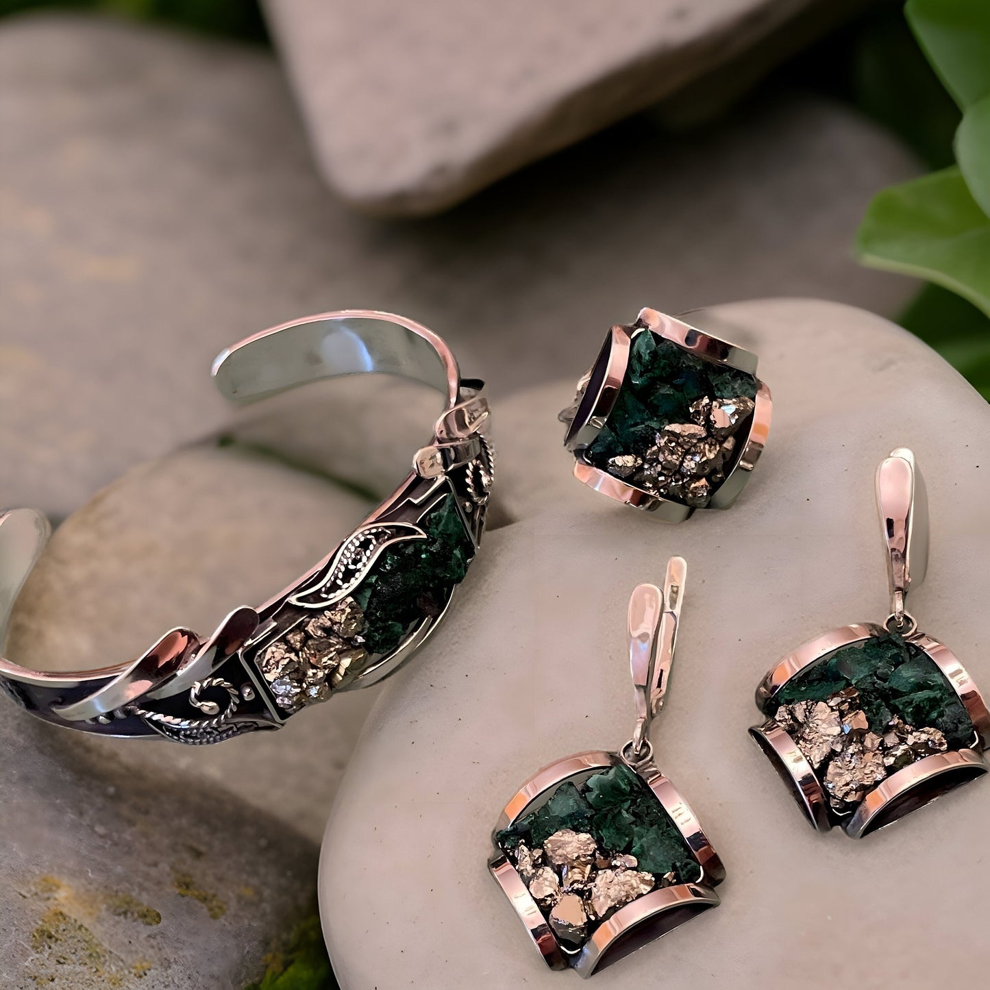 Stunning Green Malachite Sterling Silver Jewelry Set - Bracelet Earrings and Ring - Natural Gemstone Collection
