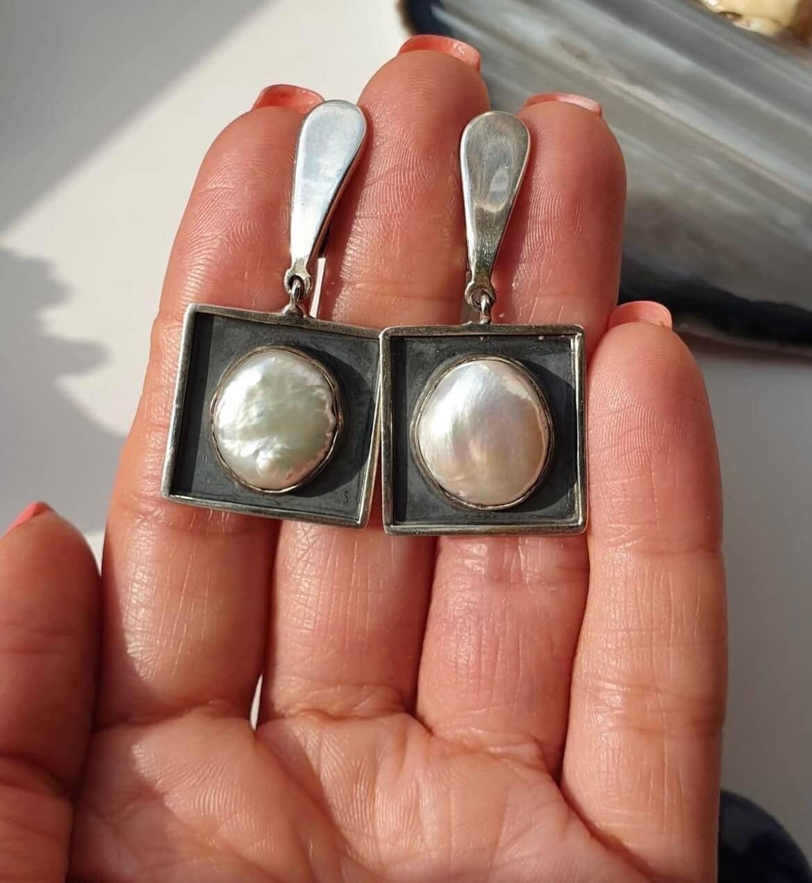 Minimalist Square Earring and Pearl Ring Set - Modern Contemporary Statement Jewelry