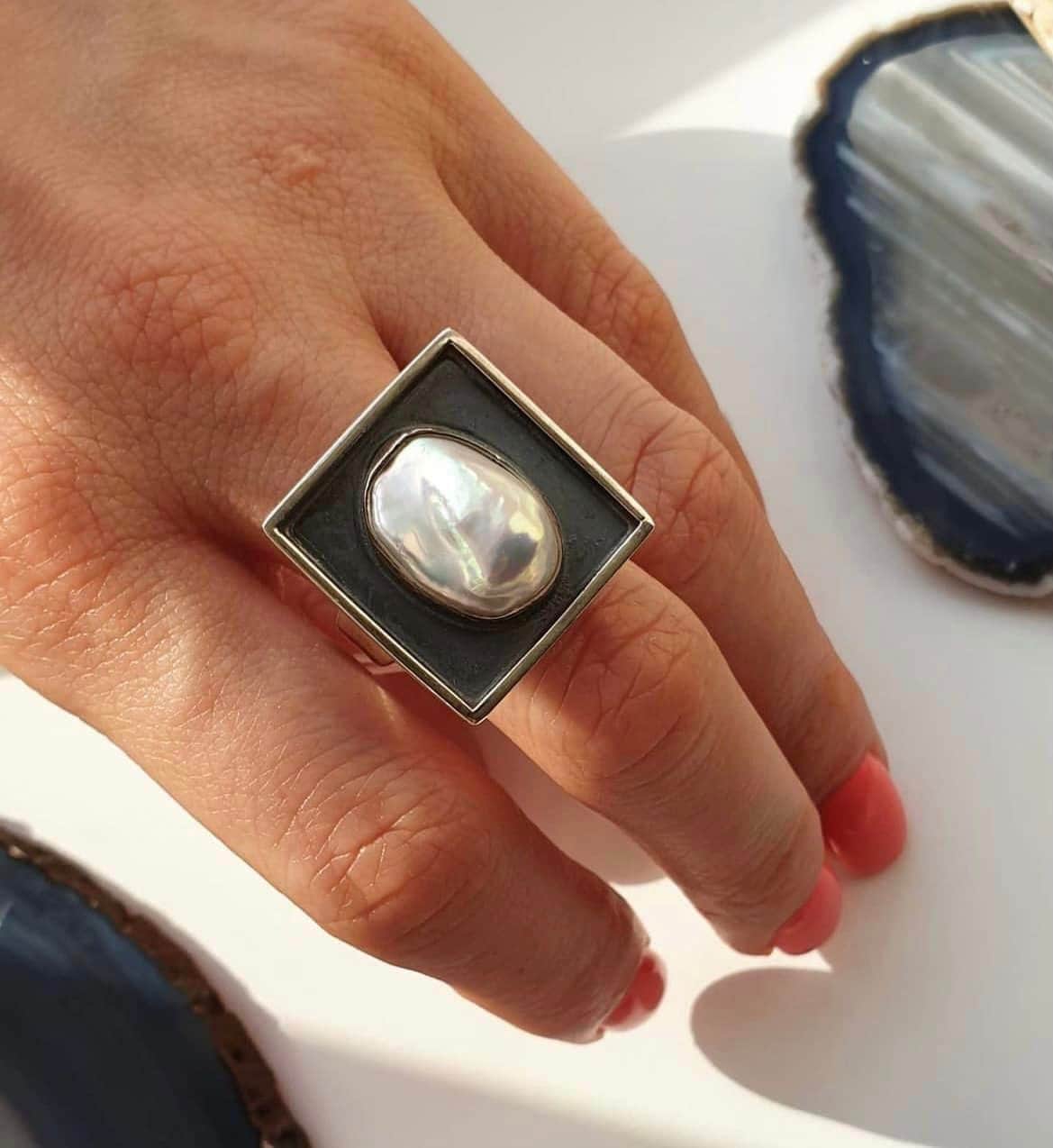 Minimalist Square Earring and Pearl Ring Set - Modern Contemporary Statement Jewelry