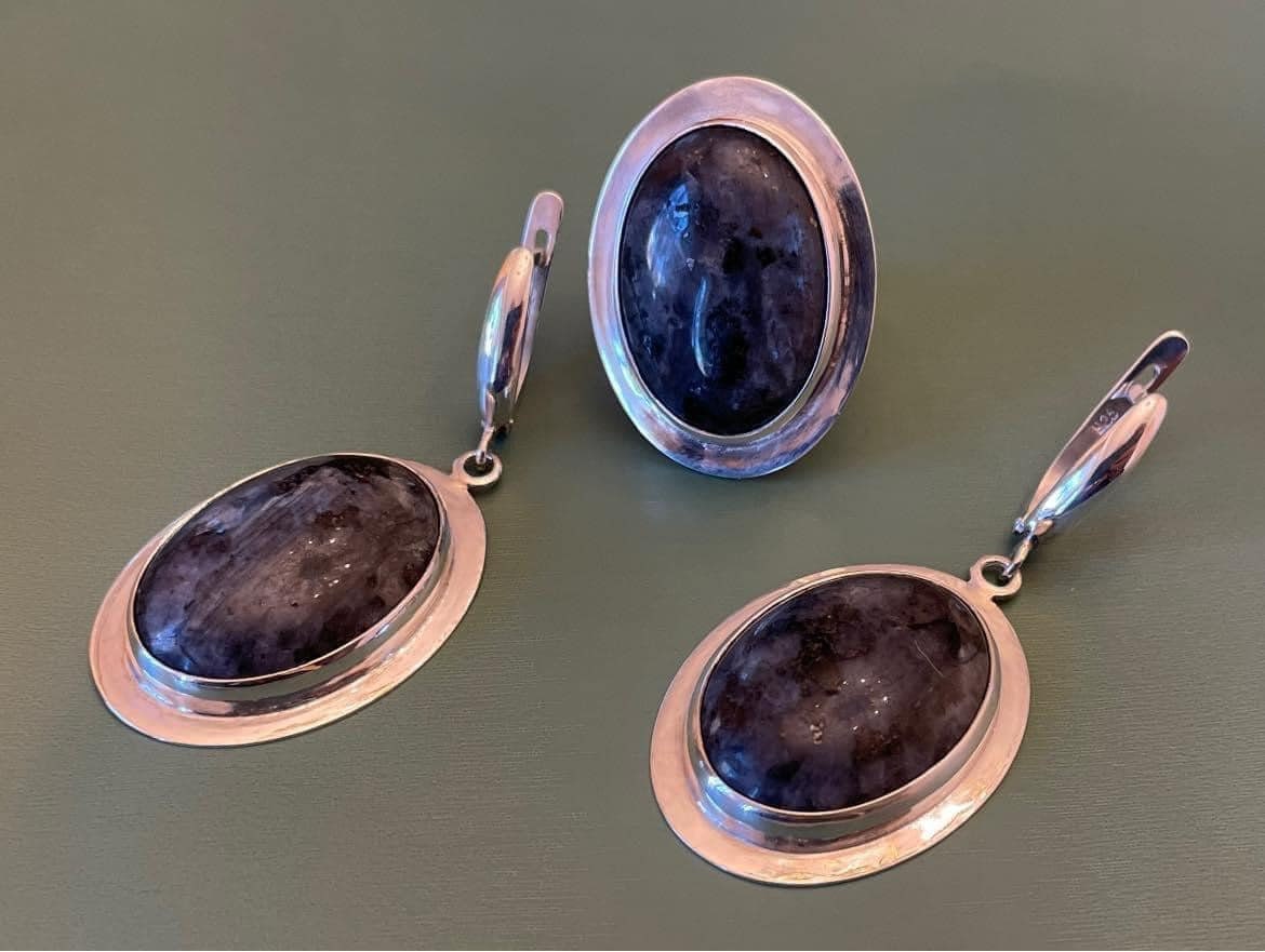 Black Agate Sterling Silver Oval Ring Earring Set - Classic Large Size