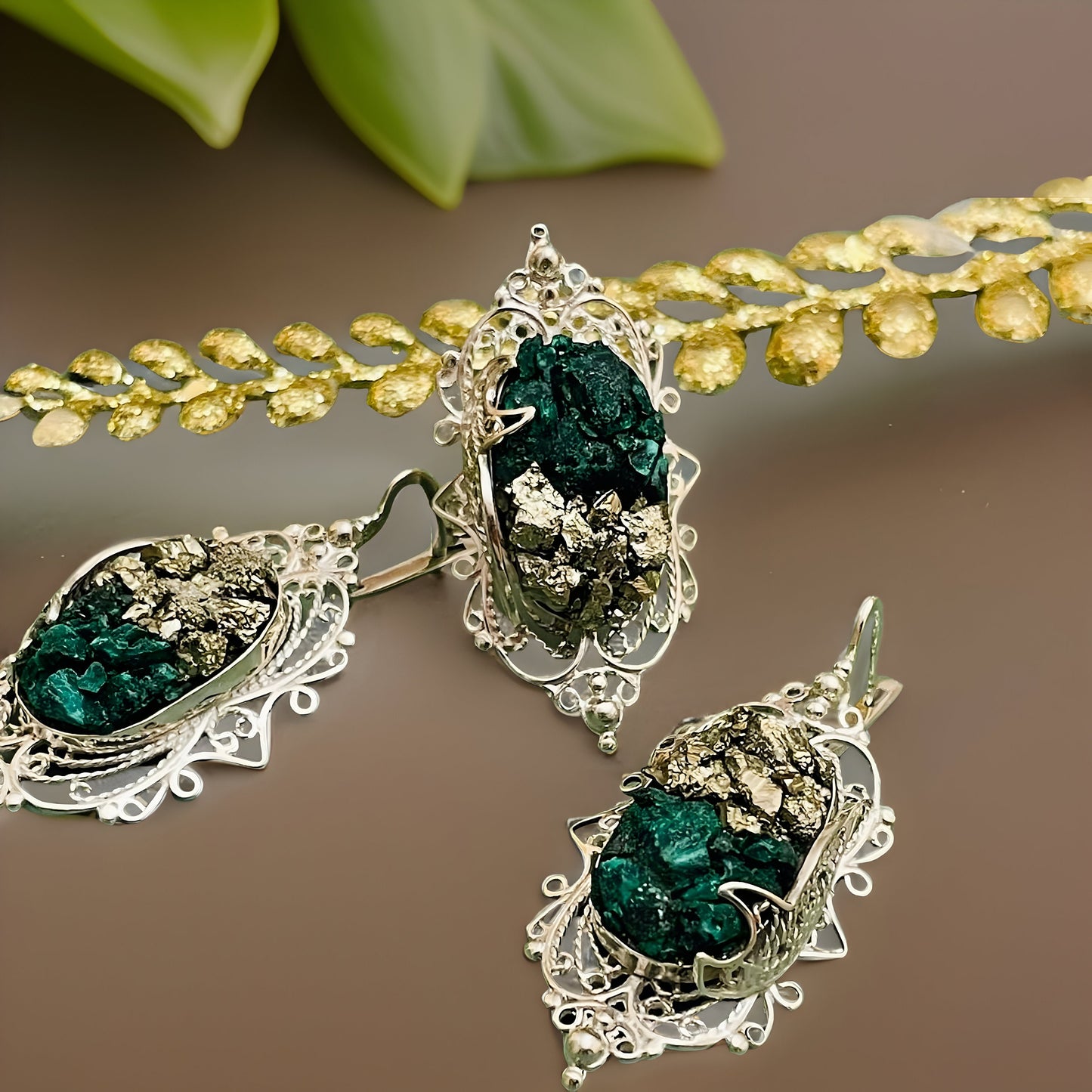 Sterling Silver Filigree Malachite Ring and Earrings Set - Gorgeous Green Gemstone Jewelry for a Glamorous Look