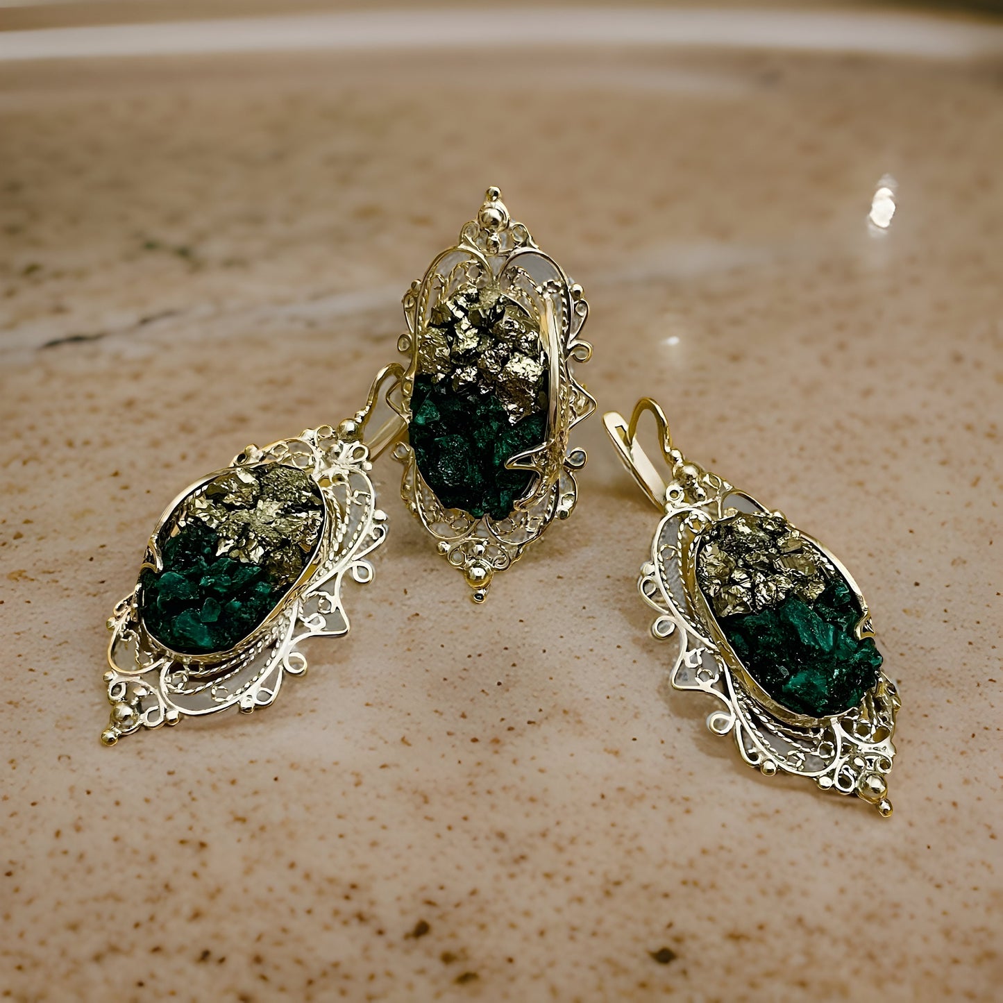 Sterling Silver Filigree Malachite Ring and Earrings Set - Gorgeous Green Gemstone Jewelry for a Glamorous Look