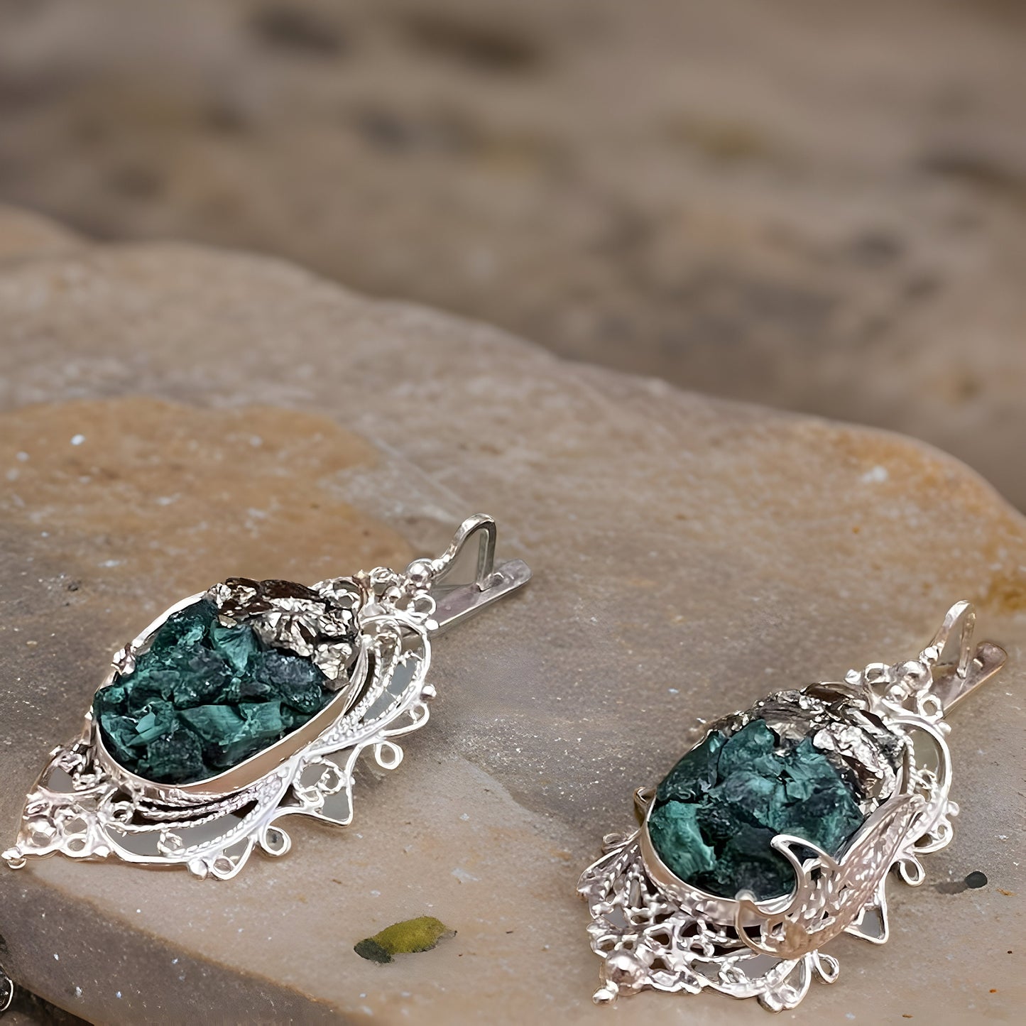 Sterling Silver Filigree Malachite Ring and Earrings Set - Gorgeous Green Gemstone Jewelry for a Glamorous Look