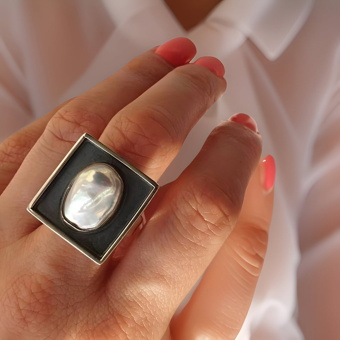 Minimalist Square Earring and Pearl Ring Set - Modern Contemporary Statement Jewelry