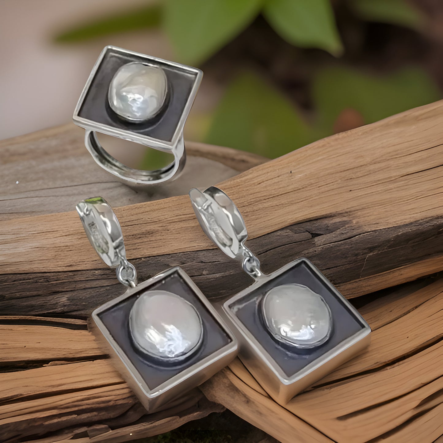 Minimalist Square Earring and Pearl Ring Set - Modern Contemporary Statement Jewelry