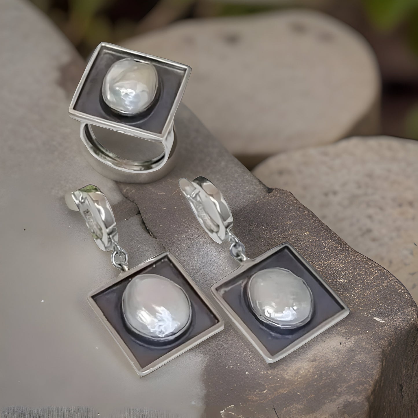 Minimalist Square Earring and Pearl Ring Set - Modern Contemporary Statement Jewelry