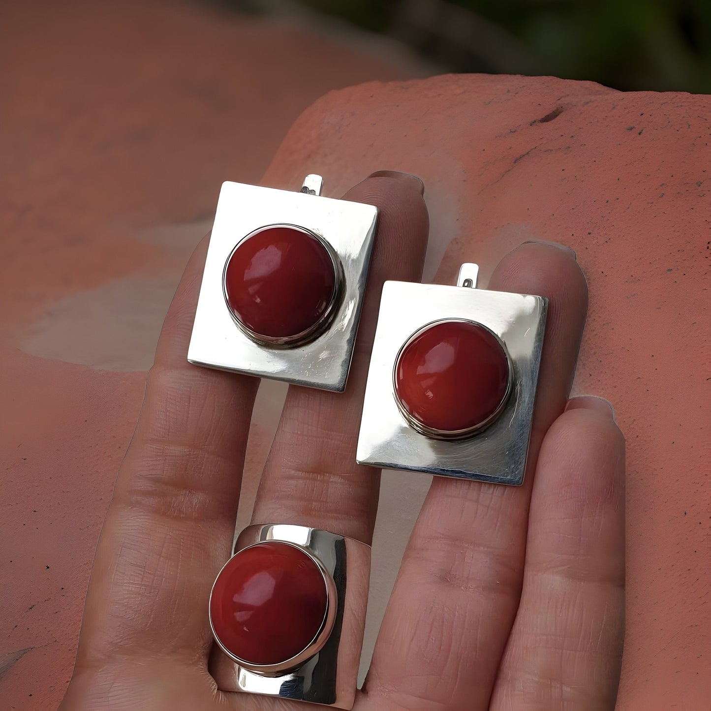 Coral Natural Stone Square Earring and Ring Set - Minimalist Contemporary Jewelry