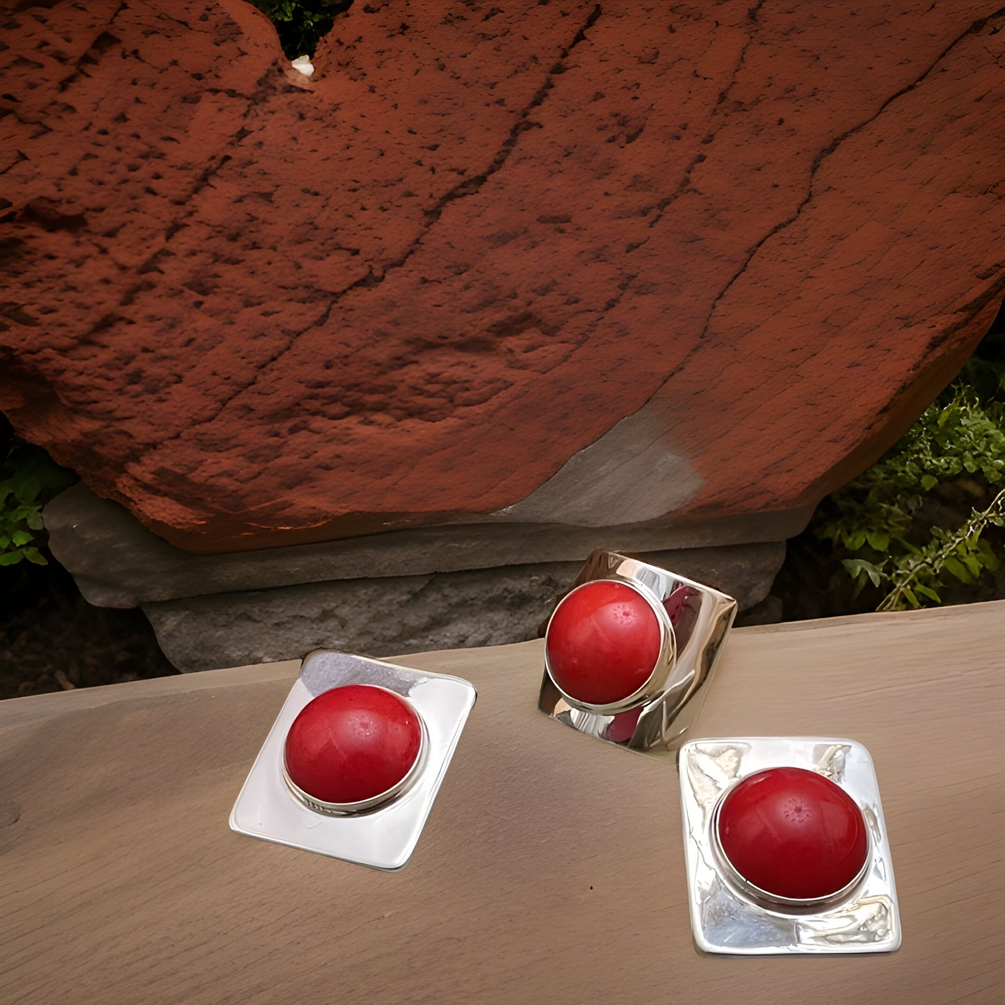 Coral Natural Stone Square Earring and Ring Set - Minimalist Contemporary Jewelry